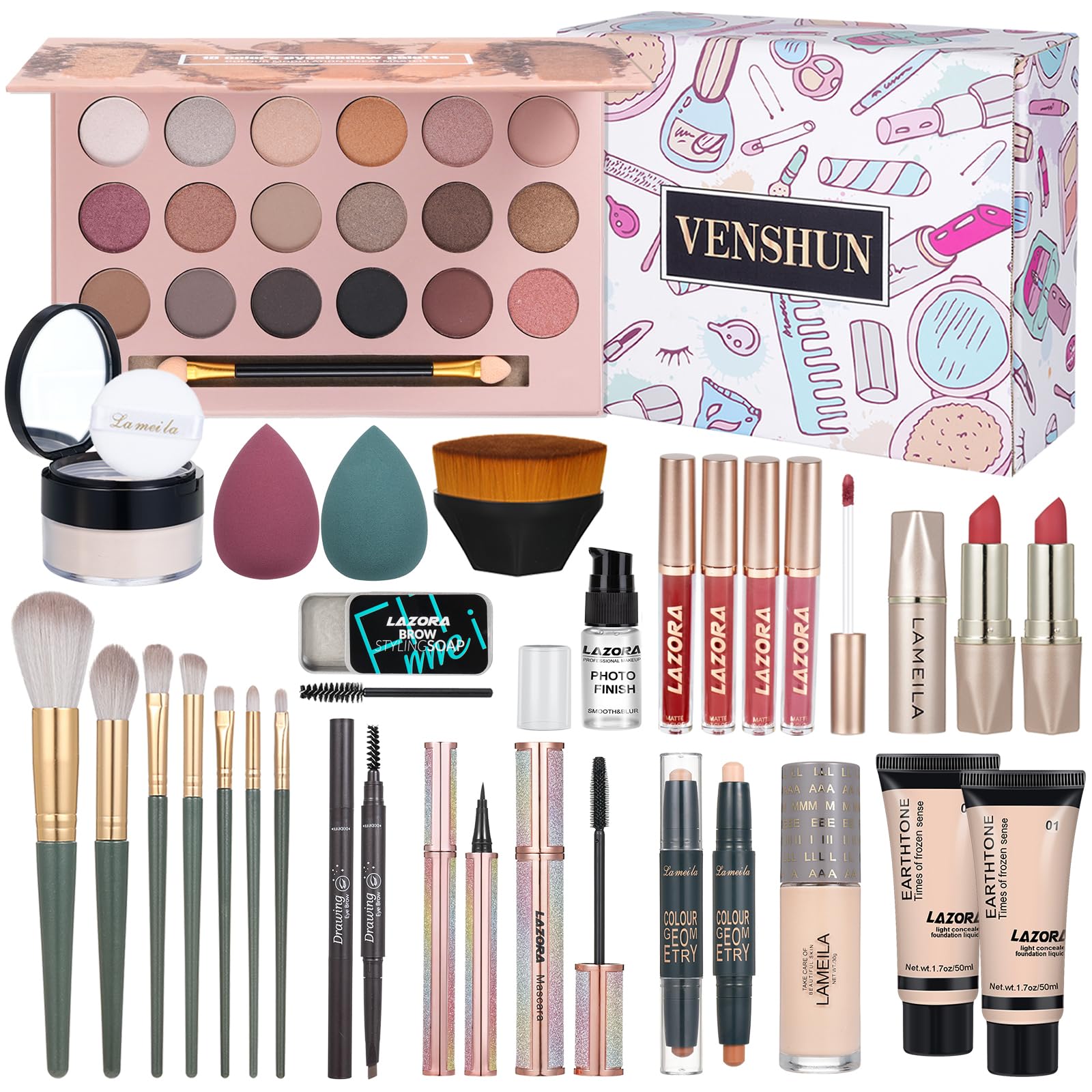 All-in-One Makeup Kit for Women - Complete Cosmetic Set with Foundation, 18-Color Eyeshadow Palette, Lipstick & Eyebrow Pencil | Perfect Gift Set for Everyday Makeup & Special Occasions