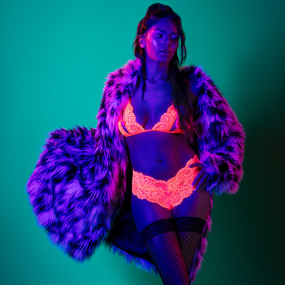Exposed Get It Girl UV Reactive Peek A Boo Bralette & Shorts Set - Glow in The Dark Rave Wear for Women, Festival Outfit, Neon Party Clothes, Nightclub Fashion