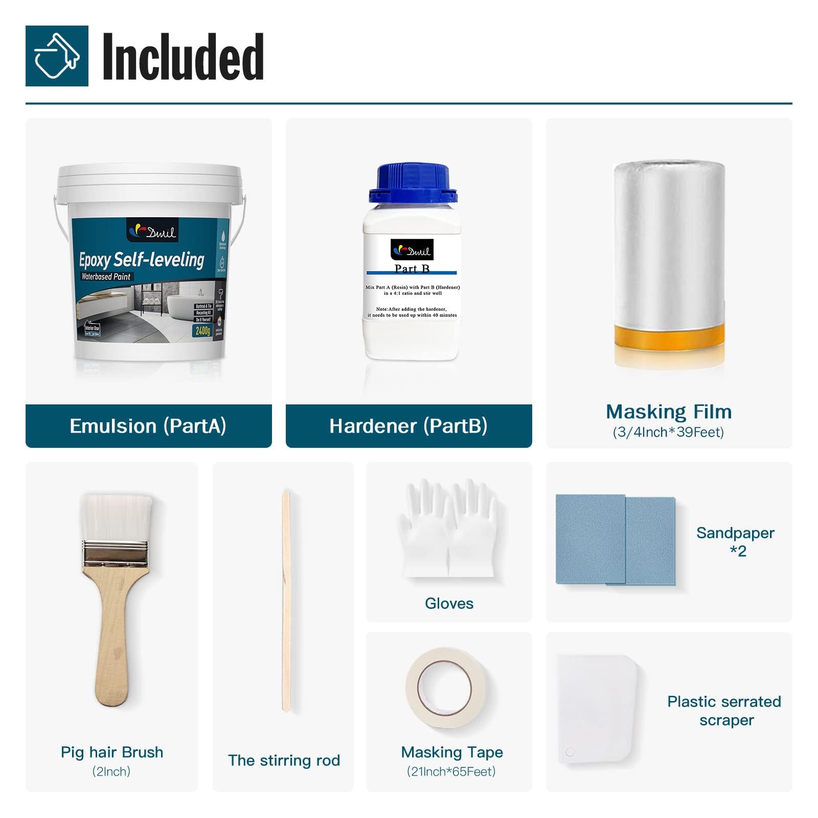 DWIL Tub Refinishing Kit - Epoxy Bathtub Paint & Tile Paint with Tools, Self-Leveling, Low Odor, 20X Thicker Than Regular Sink Paint (Bright Gloss White, 1 Bathtub Size) - Perfect for Bathroom & Kitchen Renovation, DIY Home Improvement Projects