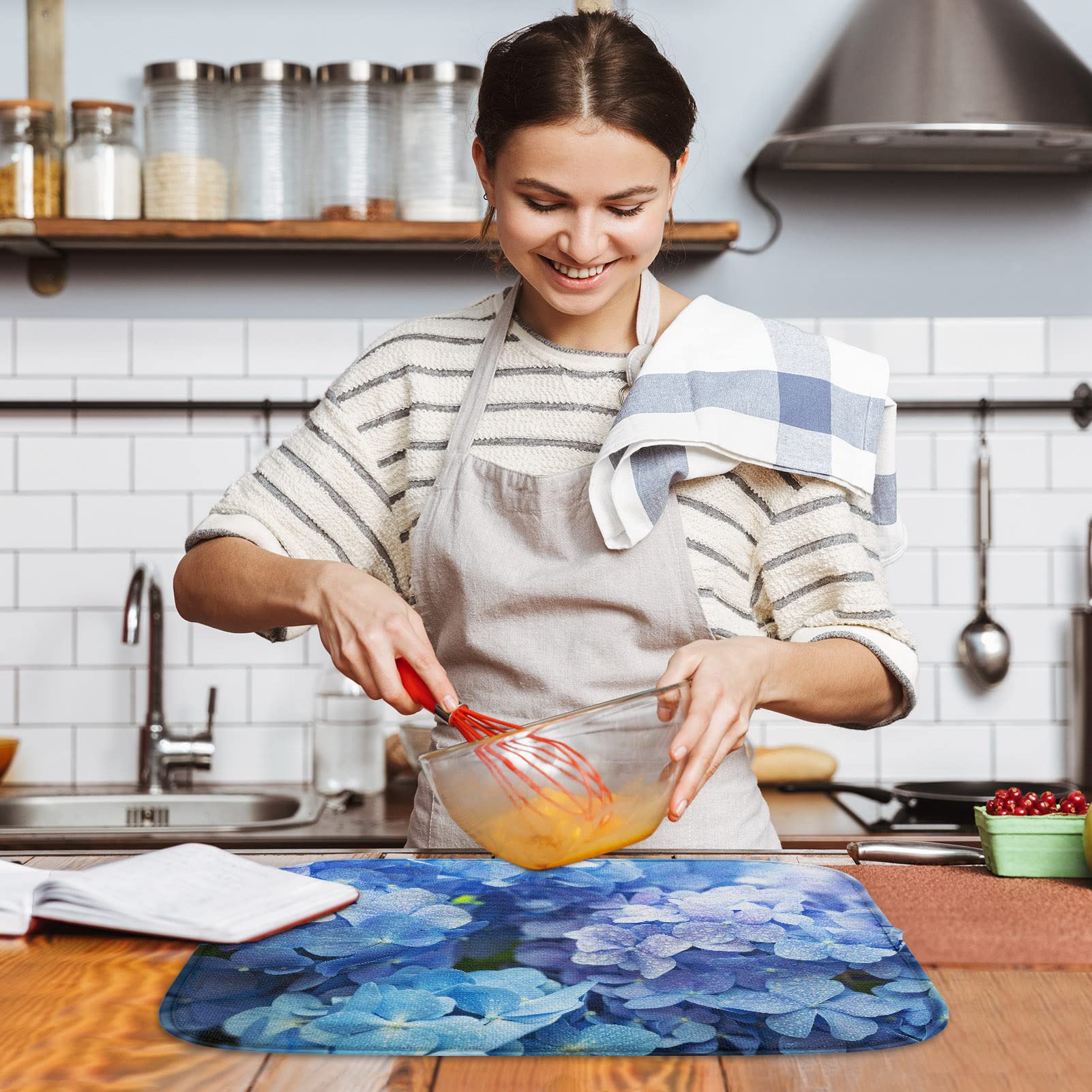Sanwarm Absorbent Dish Drying Mat - Blue Purple Hydrangea Flower Microfiber Kitchen Counter Pad | Heat Resistant & Reversible (18