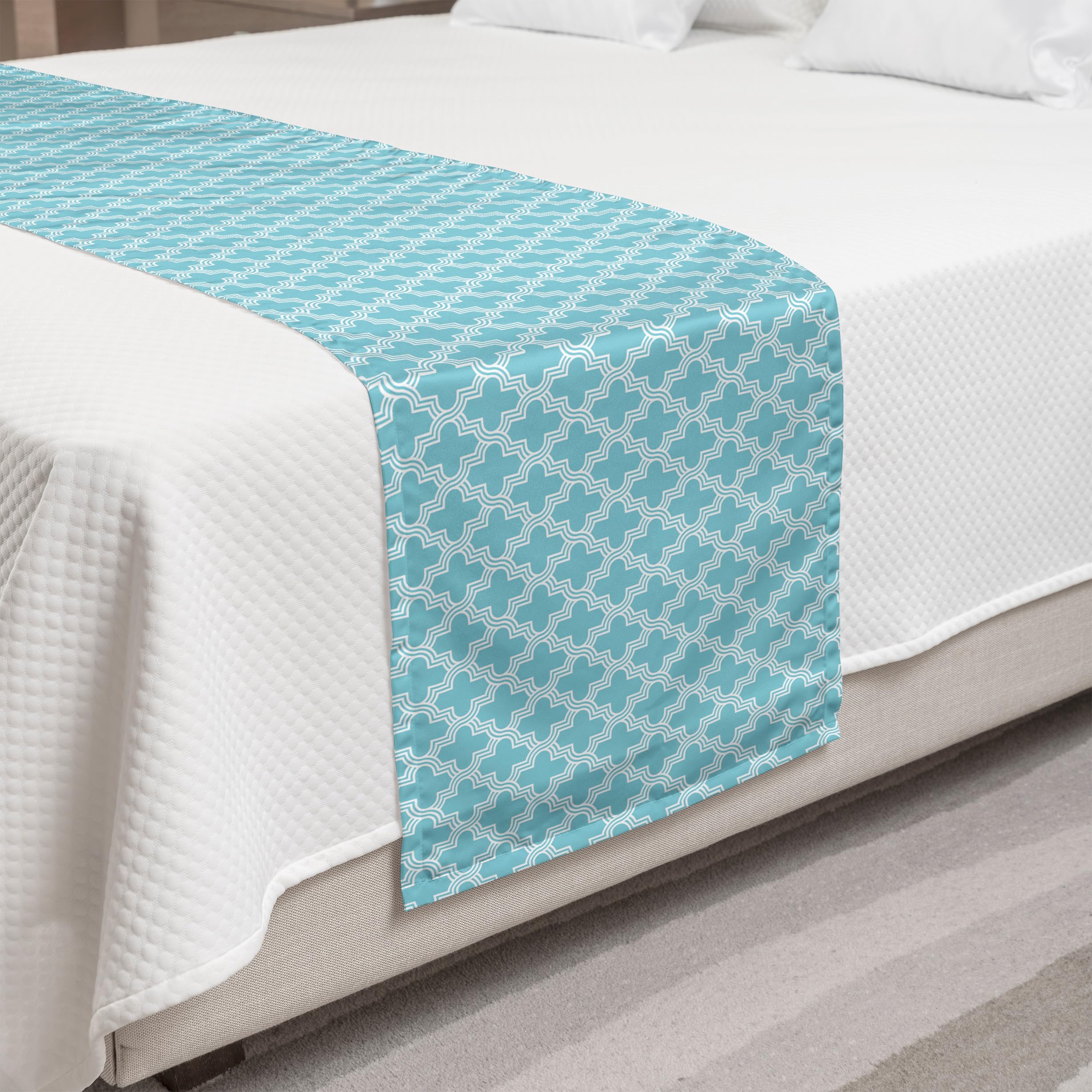 Ambesonne Traditional Bed Runner - Oriental Quatrefoil Lattice Monochromatic Design in Pale Blue & White | Decorative Bed Scarf for Hotels, Homes & Guest Rooms | Perfect for Master Bedrooms, Luxury Decor & Wedding Accents