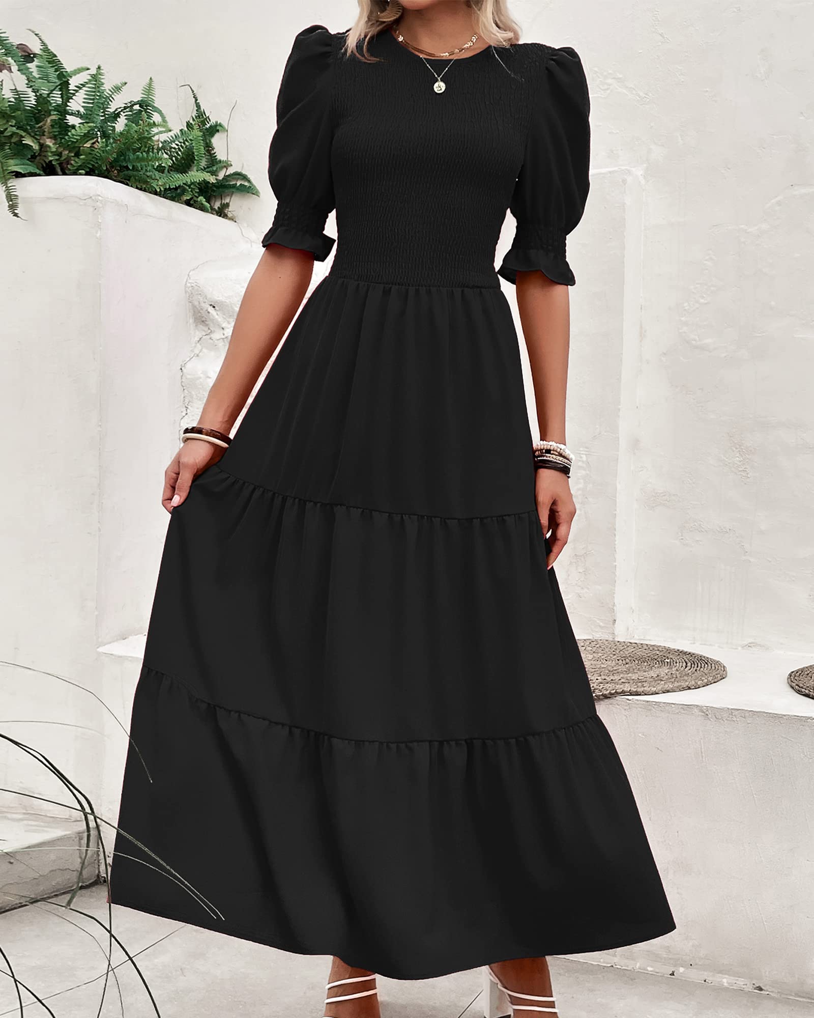 BTFBM Women's Floral Print Boho Maxi Dress - Crew Neck, Ruffle Short Sleeve, Smocked Waist, Flowy Summer Dress for 2025 | Perfect for Beach Vacations, Music Festivals & Casual Outings