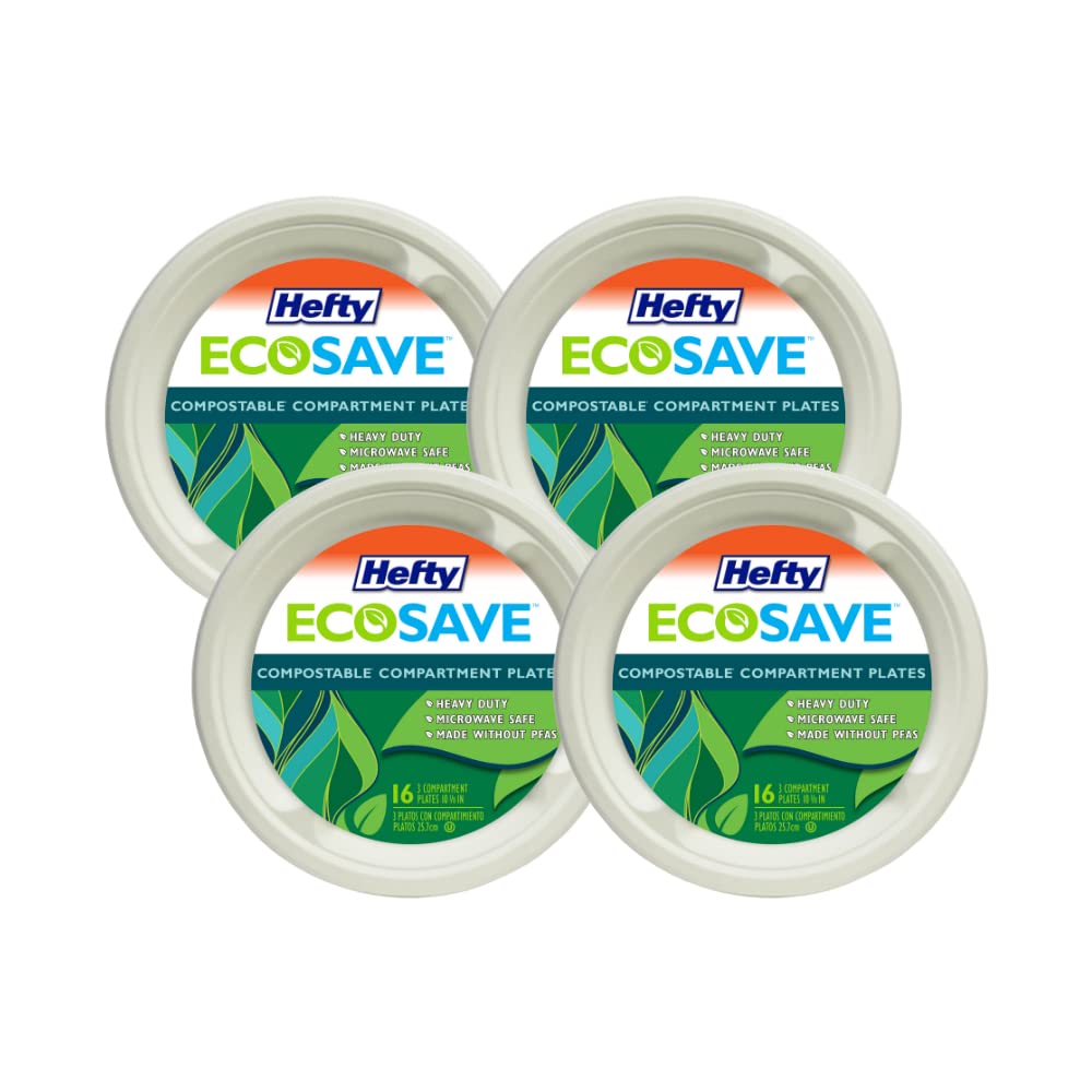 Eco-Friendly Heavy Duty Disposable Plates - 10 ⅛ Inch Plant-Based Compartment Plates, 16 Count (Pack of 4) - Perfect for Parties, Picnics & Eco-Conscious Gatherings