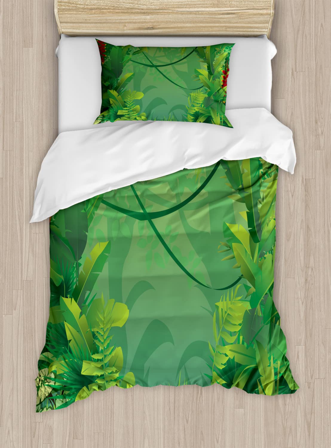 Ambesonne Green Leaf Duvet Cover Set - 2 Pack Twin Size, Hawaiian Rainforest Tropical Foliage Design in Apple & Jade Green | Includes 2 Duvet Covers & 2 Pillowcases | Perfect for Tropical Bedroom Decor, Vacation Home, or Boho Chic Style