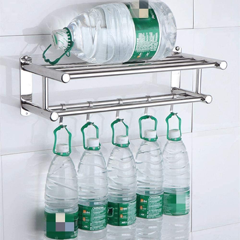 Stainless Steel Wall Mounted Towel Rack with Hooks - Double Towel Bar Rail & Storage Shelf Holder for Bathroom & Kitchen - 40cm & 50cm Options - Perfect for Small Spaces & Modern Home Decor