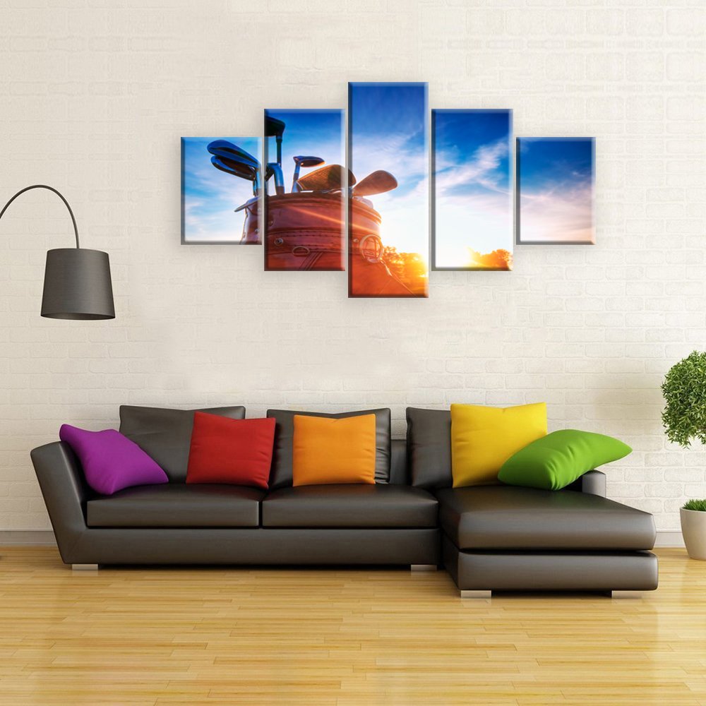 5 Panel Golf Clubs Wall Art Canvas Painting - Modern Modular Sunshine Golf Enthusiast Gift - Framed & Ready to Hang Home Decor for Living Room, Office, or Man Cave - Perfect Golf Themed Decor for Sports Fans