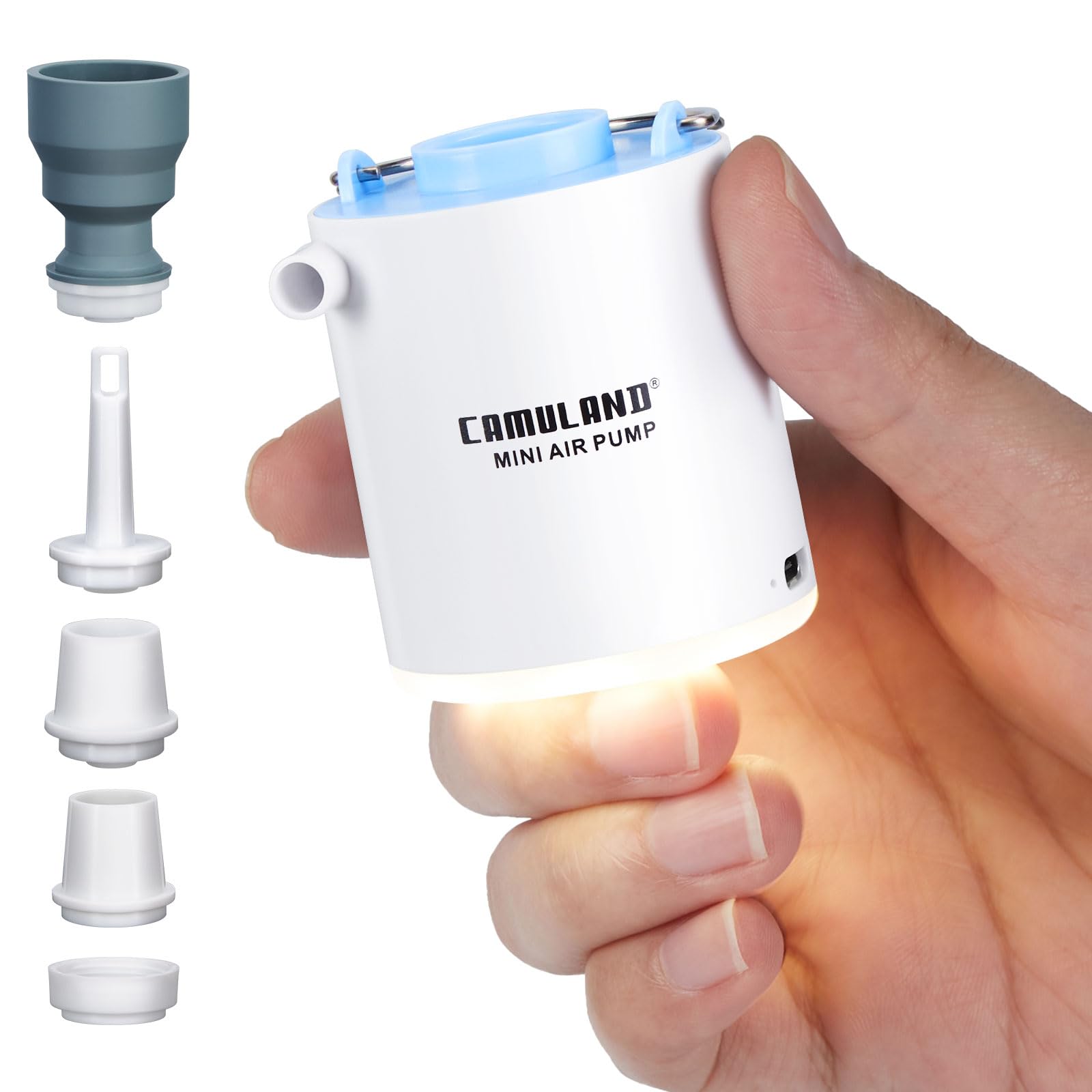 CAMULAND Mini Air Pump - Portable USB Rechargeable Inflator with 1300mAh Battery & 5 Nozzles - for Air Mattress, Pool Floats, Vacuum Storage Bags - Perfect for Camping, Travel, and Home Storage Organization