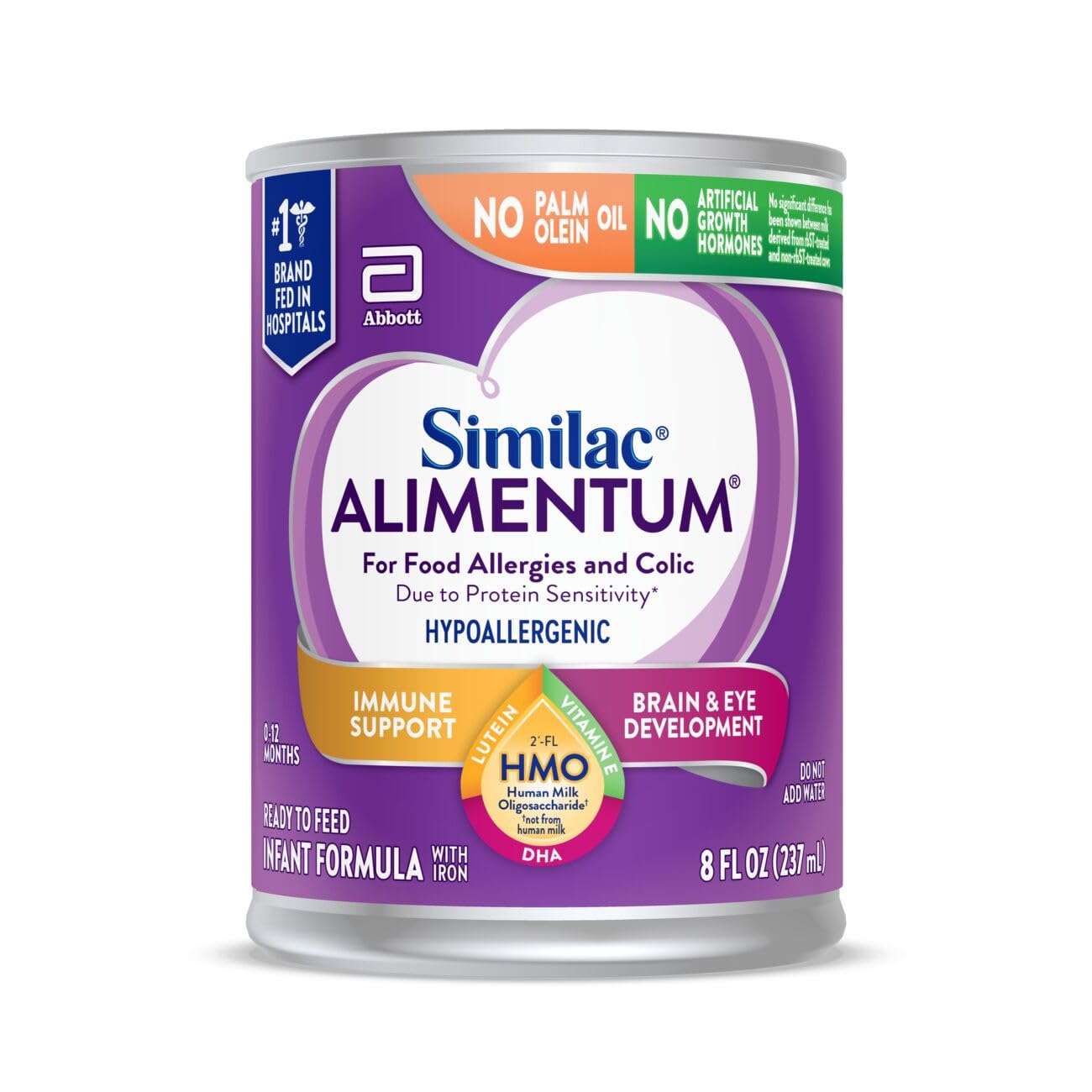 Similac Alimentum Hypoallergenic Infant Formula with 2'-FL HMO for Food Allergies & Colic Relief - Ready-to-Feed Baby Formula, 8 fl oz Bottles (Pack of 24) - Gentle Nutrition for Sensitive Babies with Protein Sensitivity | Ideal for Newborns, Infants with Digestive Issues