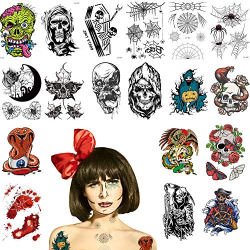 Fanoshen Large Rose Skull Halloween Temporary Tattoos - 18 Sheets Day of the Dead Themed Body Art for Adults (Women & Men) | Face & Body Decoration Stickers, Costume Makeup Accessories for Halloween Parties & Cosplay