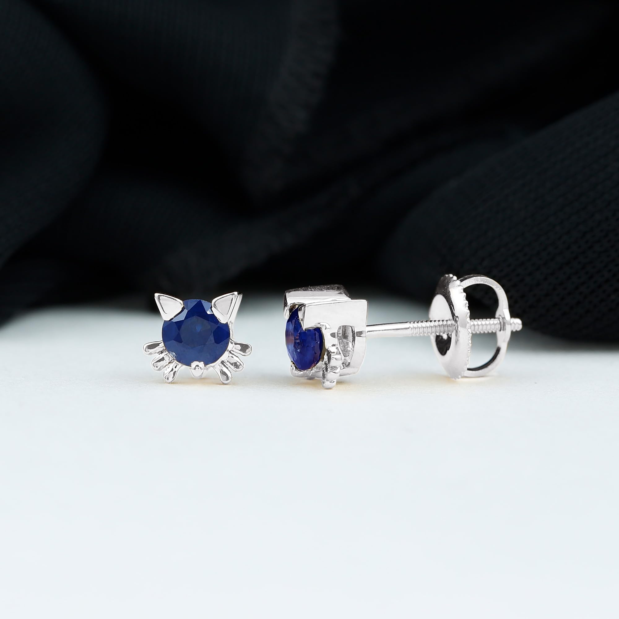Natural Blue Sapphire Cat Stud Earrings - AAA Quality Gemstone Kitty Earrings with Secure Screw Back - Perfect Gift for Women & Girls - Elegant Jewelry for Parties, Dating & Everyday Wear