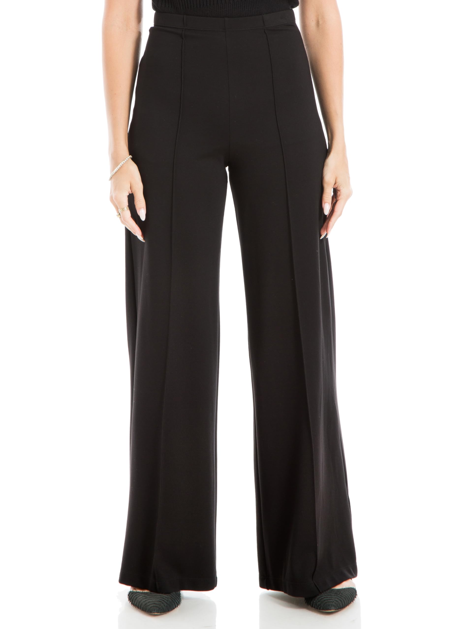 Max Studio Women's High Waist Dressy Wide Leg Ponte Pant with Elastic Waistband - Comfortable Office Pants for Work, Business Casual & Formal Occasions