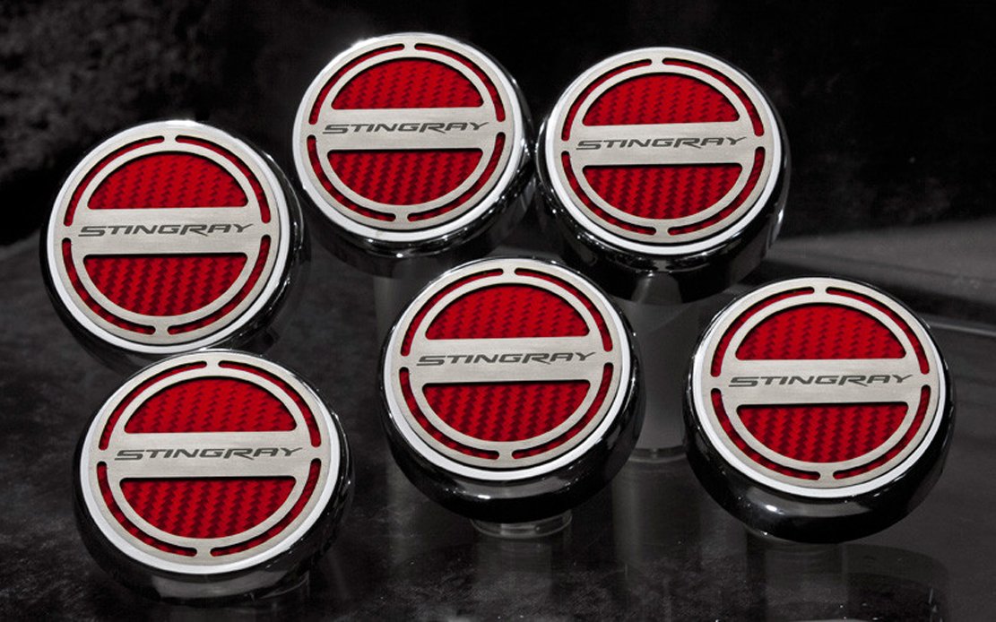 Black Carbon Fiber Fluid Cap Cover Set - 6pc for American Cars (Stingray Font) - Engine Protection & Style Upgrade
