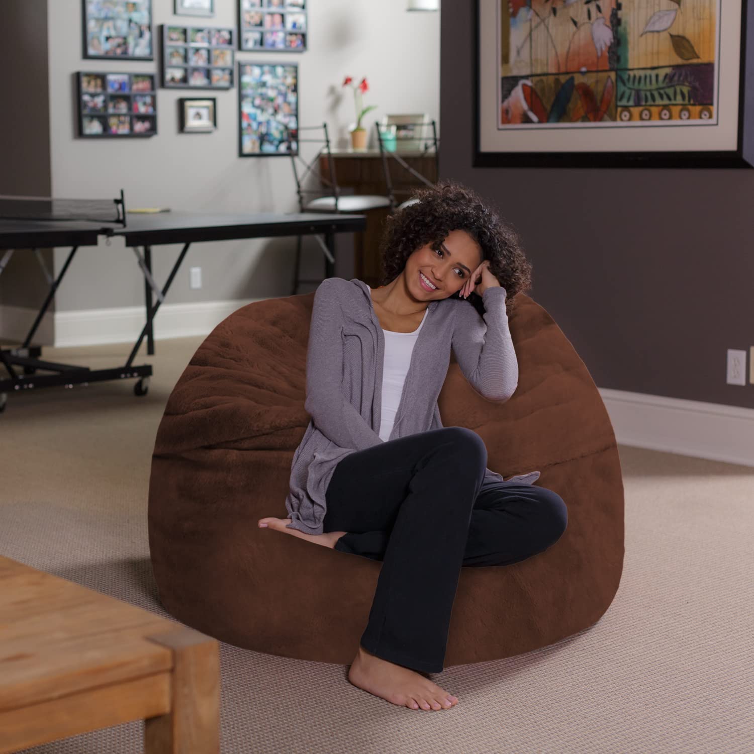 Ultra Soft Sofa Sack Bean Bag Chair with Memory Foam & Faux Rabbit Fur Cover - 4ft Plush Foam Filled Furniture for Dorm Room, Living Room & Bedroom - Brown