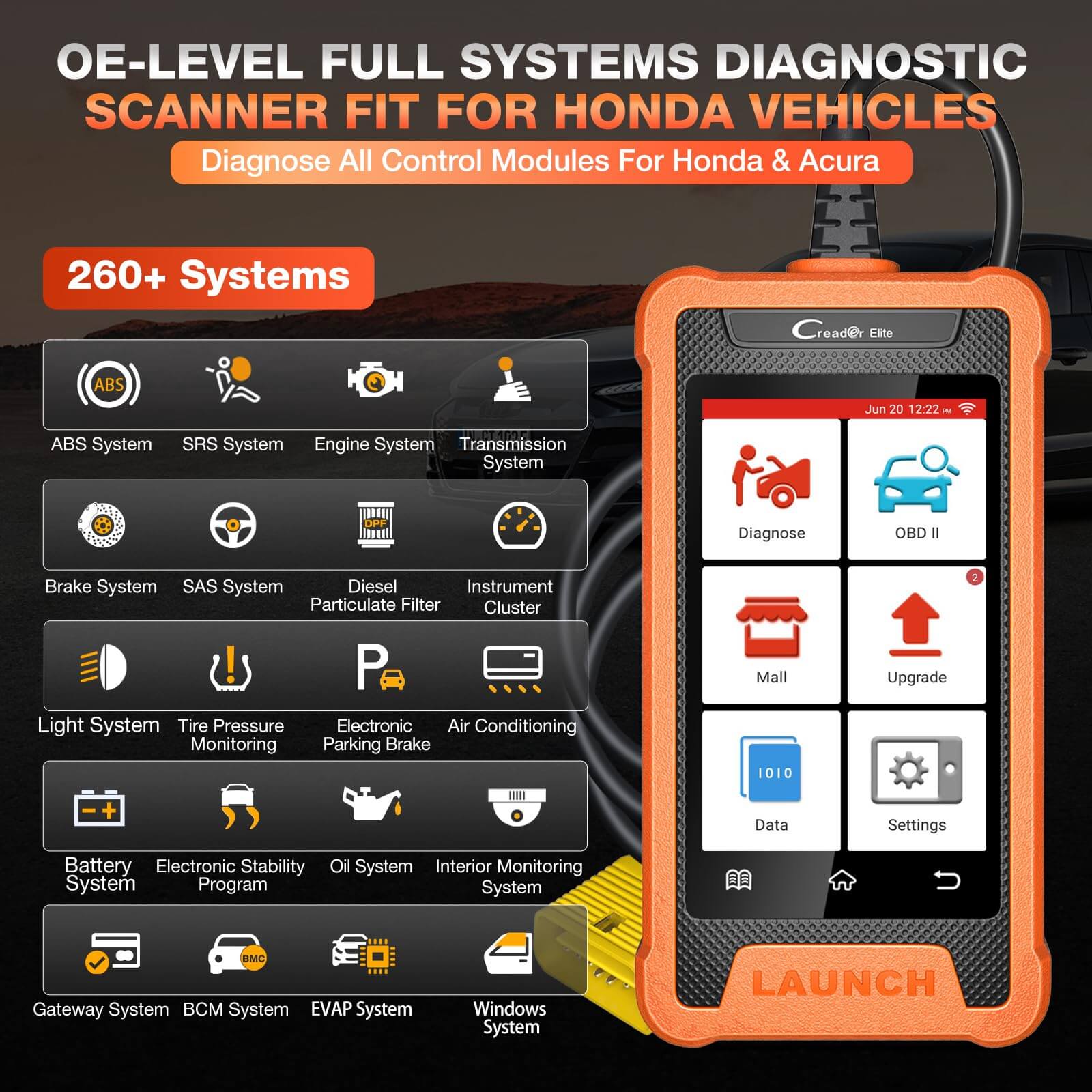 LAUNCH X431 Creader Elite OBD2 Scanner for Honda - Professional Bi-Directional Diagnostic Tool & Code Reader (Compatible with Acura, Dongfeng Honda, GAC Honda) - Perfect for Mechanics, DIY Car Repairs & Vehicle Maintenance