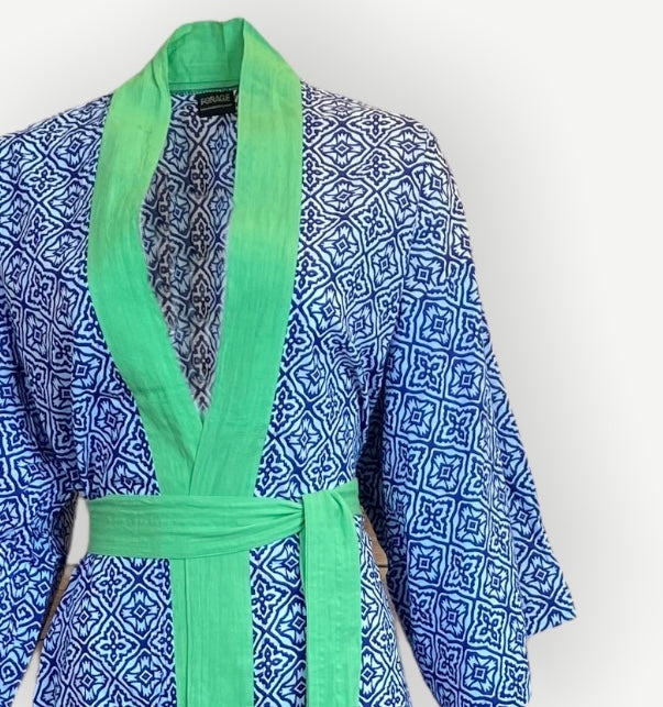 Long Cotton Kimono Robe for Women - Soft & Comfortable Blue & Green Floral Print - Perfect for Spa, Lounge, and Beach Cover-Up