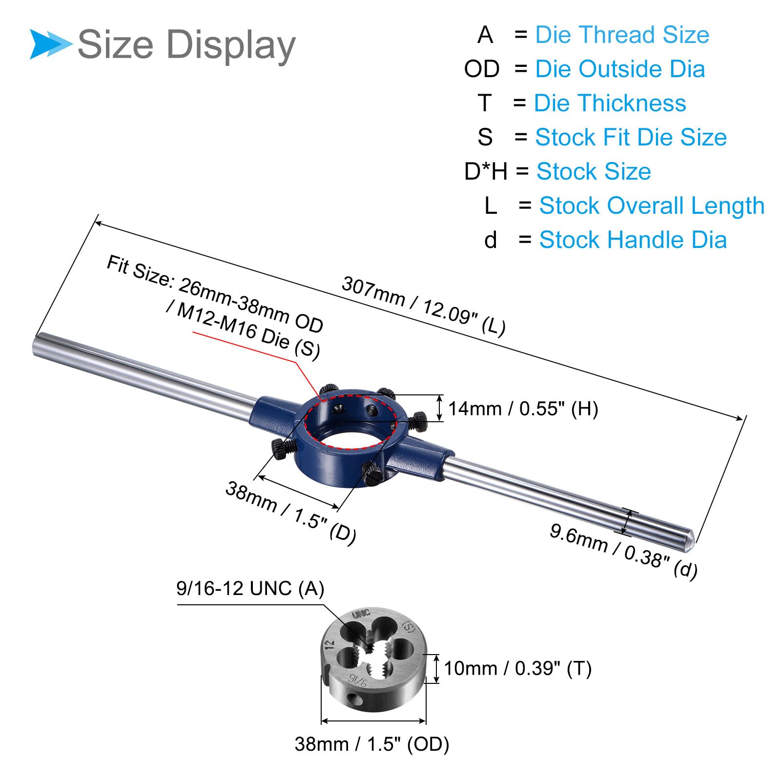 9/16-12 UNC Thread Die Handle Set with 26mm-38mm OD / M12-M16 Die Wrench Tool Kit for Threading and Repairing - Perfect for Plumbing, Automotive, and Metalworking Projects