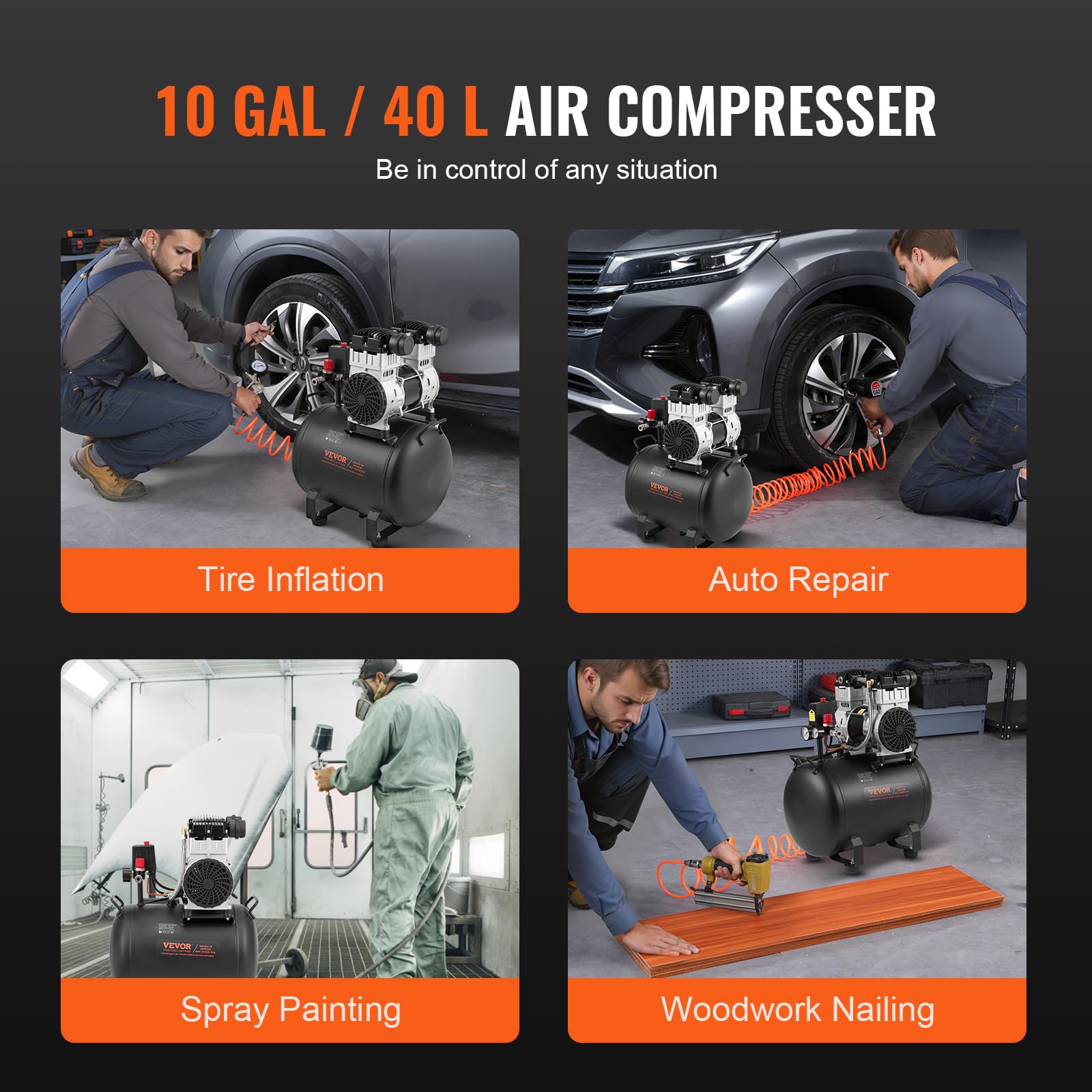 VEVOR 10 Gallon Steel Tank Air Compressor, 2HP 5.3 CFM@90 PSI Oil-Free, 125PSI Max Pressure, 78dB Ultra Quiet Portable Compressor for Auto Repair, Tire Inflation, Spray Painting - Perfect for Home Garage, DIY Projects, and Professional Workshops