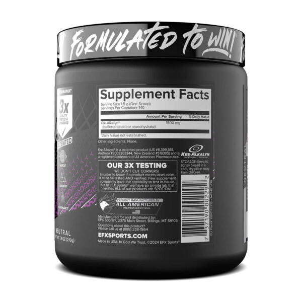EFX Sports Kre-Alkalyn Creatine Powder - 210g Unflavored | Muscle Recovery & Strength Supplement for Athletes & Bodybuilders | Pre-Workout & Post-Training Support