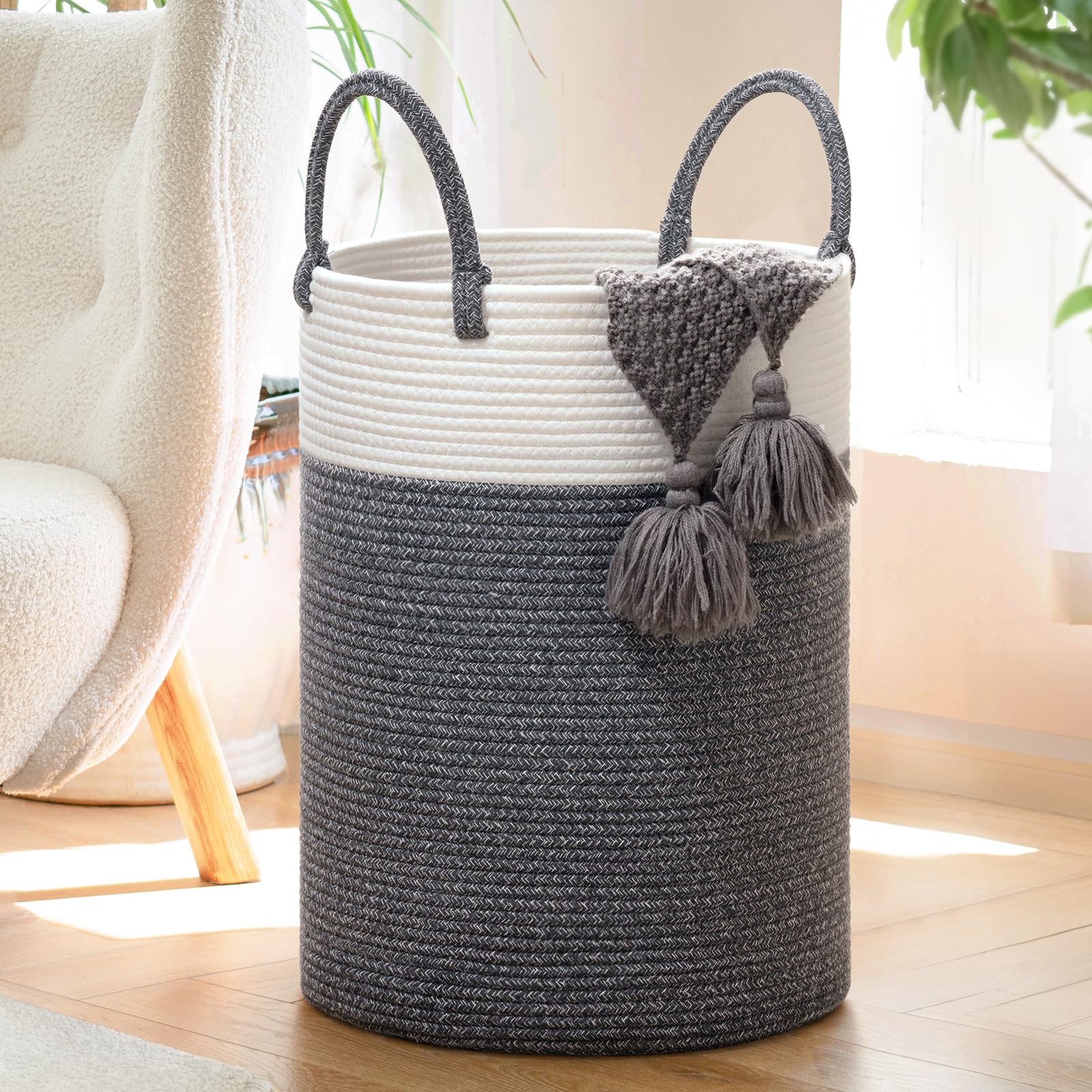 INDRESSME 60L Large Laundry Basket with Handles - Blanket Storage Basket, Kids Toy Organizer, Clothes Hamper for Bedroom - 19.7 x 13.8 Inches - Perfect for Nursery, Dorm Room & Laundry Room Organization