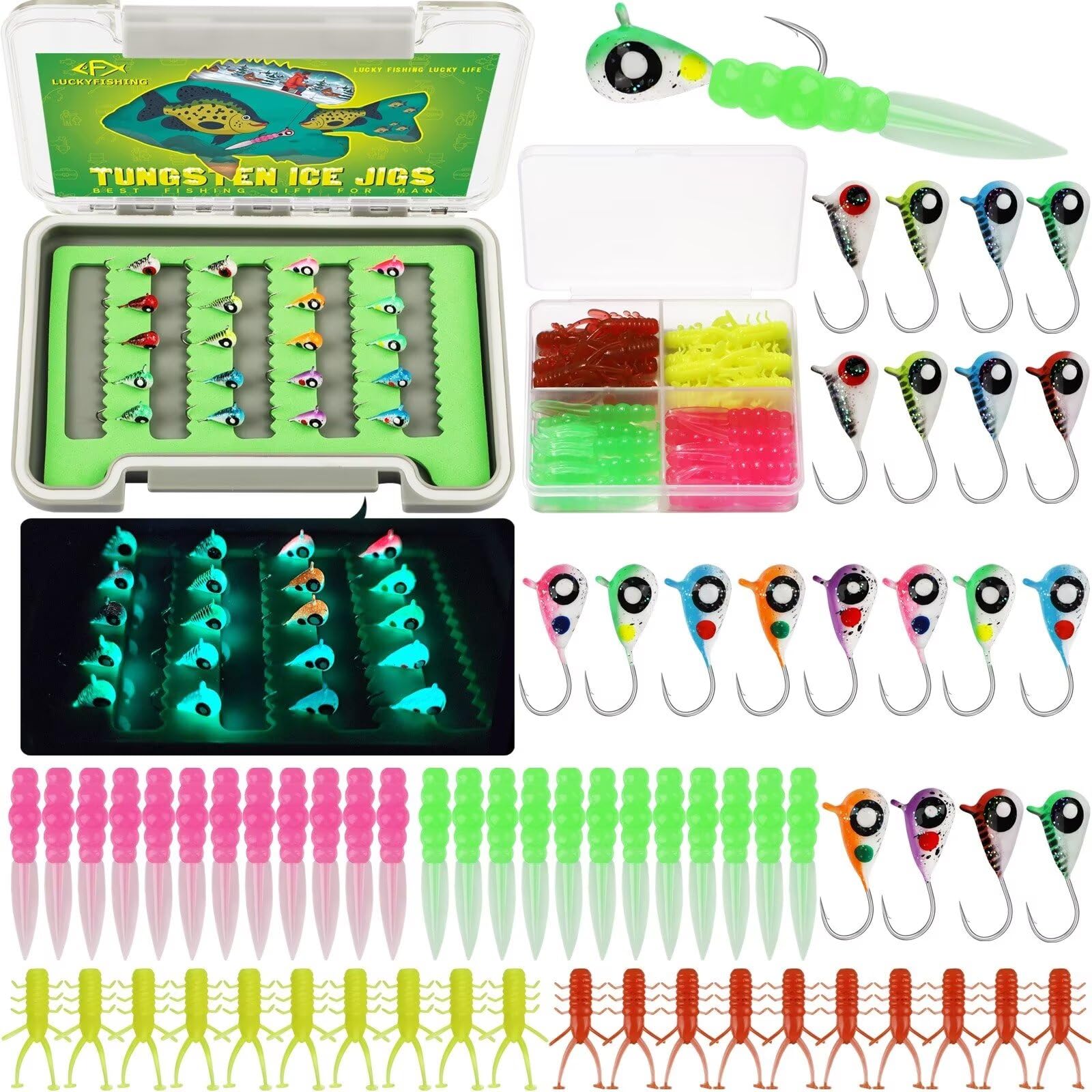 20pcs/60pcs Tungsten Ice Fishing Jigs with Glow in Dark Feature - 1/16oz (1.85g) Crappie Lures for Panfish & Walleye - Durable Ice Fishing Gear - Perfect Gift for Anglers - Ideal for Winter Ice Fishing & Night Fishing Adventures