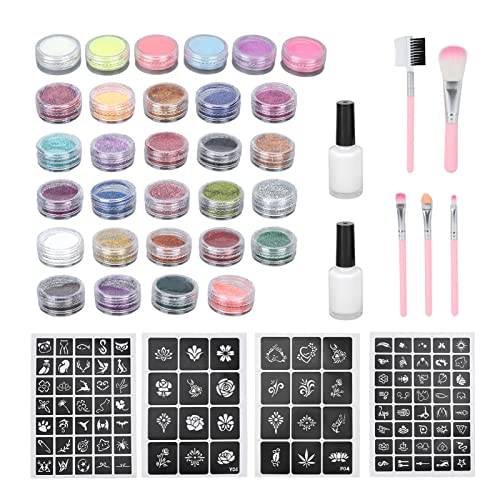 24 Colors Temporary Tattoo Glitter Powder Kit - Safe Non-Toxic Face & Body Paint for Kids, Girls - DIY Glitter Makeup for Cosplay, Halloween, Parties - Includes 6 Luminous Powders for Nail Art & Creative Manicure - Perfect for Birthday Celebrations, Festivals & Costume Events