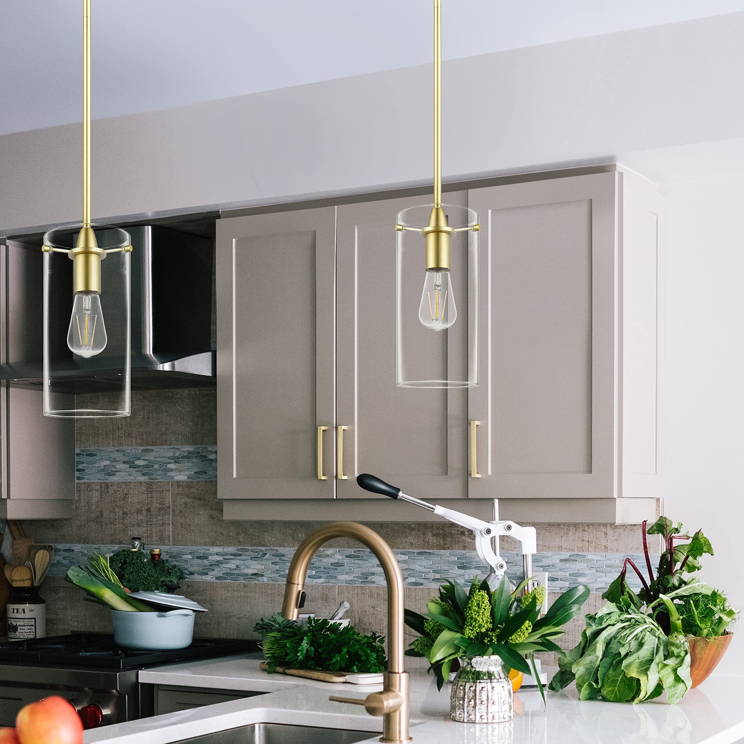 Satin Brass Pendant Lights for Kitchen Island - Large Clear Glass Pendant Light Fixture - Perfect for Dining Room, Bar Counter & Modern Home Decor