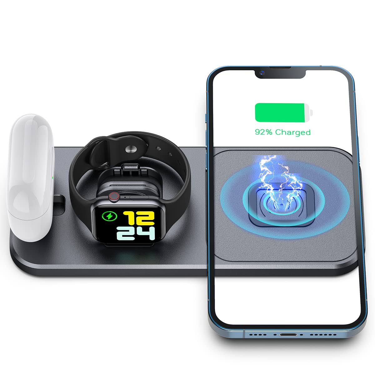 XICPU 3-in-1 Fast Wireless Charging Station - Portable Foldable Charger Stand for iPhone, Apple Watch & AirPods | Gray | Perfect for Home, Office & Travel Charging