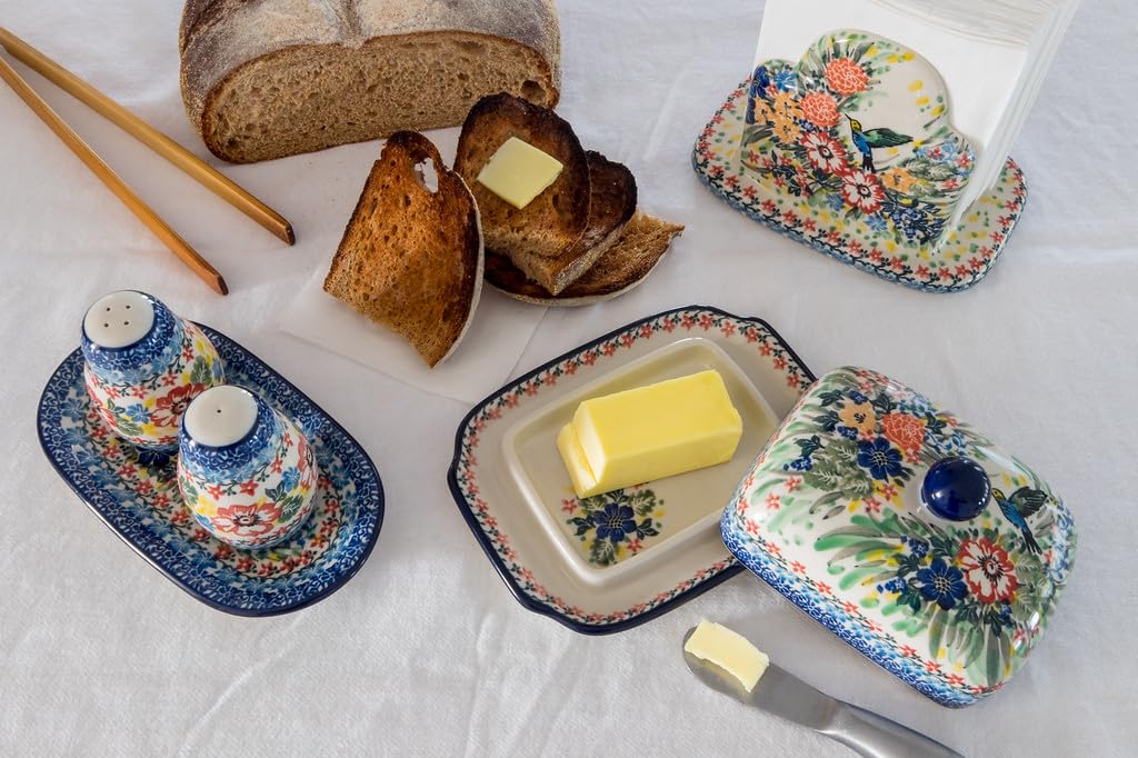 Blue Rose Polish Pottery Hummingbird Butter Dish - Handmade Ceramic Butter Keeper with Lid - Perfect for Kitchen, Dining Table & Gift Giving
