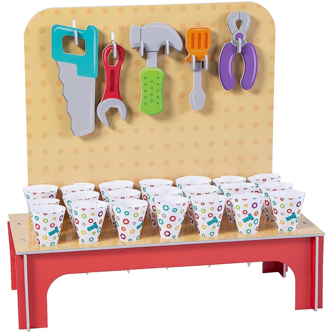 Fun Express Little Handyman Treat Stand - Sturdy Wooden Snack Display for Kids Birthday Parties, Baby Showers & Special Events - Perfect for Candy, Cupcakes & Party Treats - Durable 1-Piece Play Store Decor - Great for Pretend Play, Classroom Rewards & Holiday Celebrations