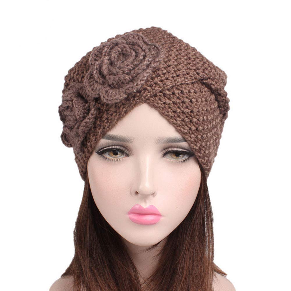 Women's Knitted Turban Head Wrap - Soft Wool Beanie Cap for Chemo, Arab Style Hair Wrap with Cross Twist & Flower Design - Cozy Winter Headwear for Cancer Patients, Hijab, and Fashion Accessories