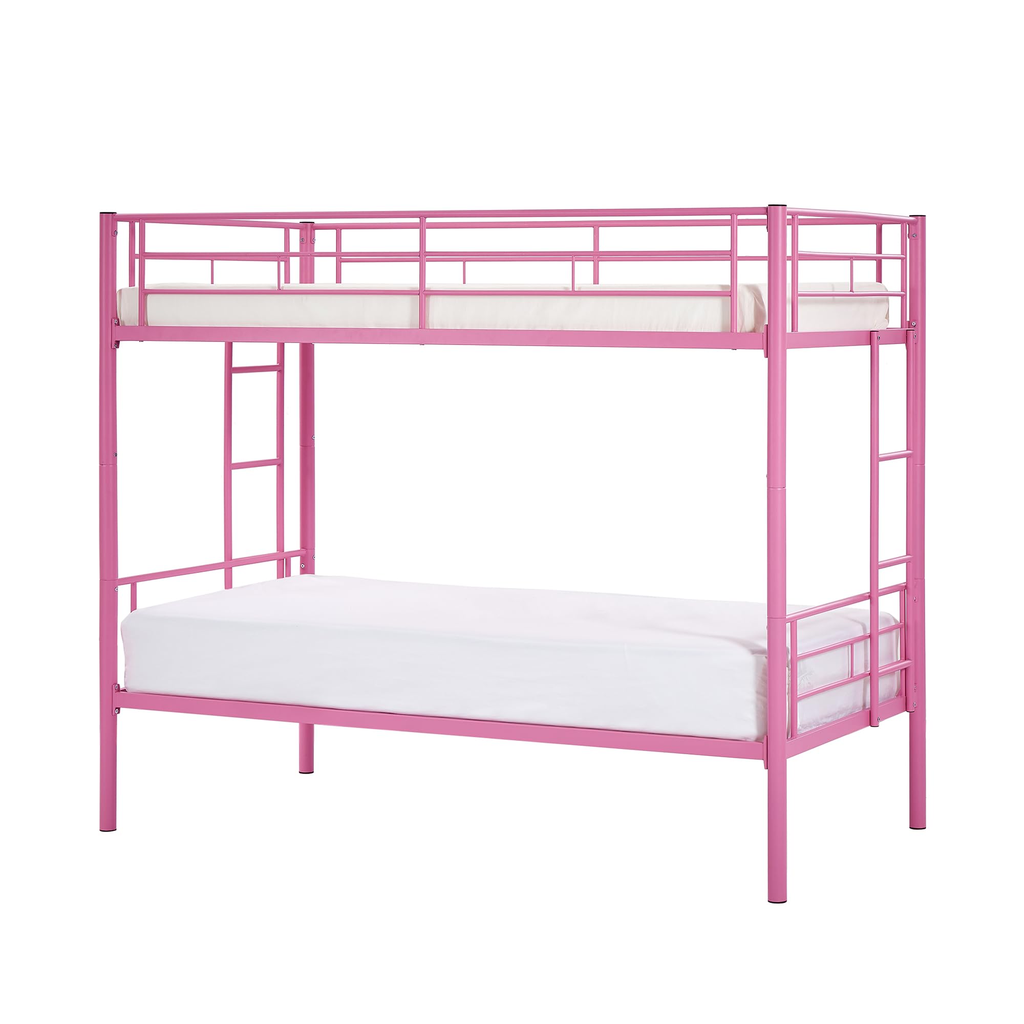 VECELO Twin Over Twin Metal Bunk Bed with Built-in Ladder & Safety Guardrail - Heavy Duty Space Saving Bunk Bed for Kids, Teens & Adults - No Box Spring Needed - Pink - Perfect for Small Bedrooms, Dorms & Guest Rooms