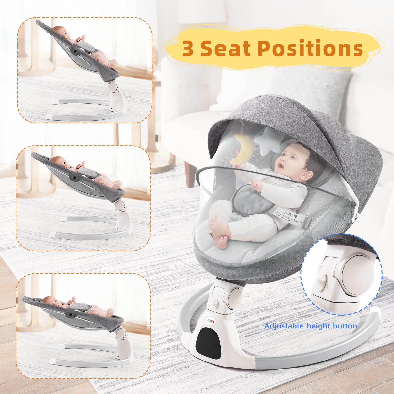 Jaoul Baby Swing for Infants - Electric Portable Newborn Bouncer with Bluetooth, Touch Screen & Remote Control, 5 Speed Settings, 3 Reclining Positions - Perfect for Nursery, Daycare or Travel (Gray)