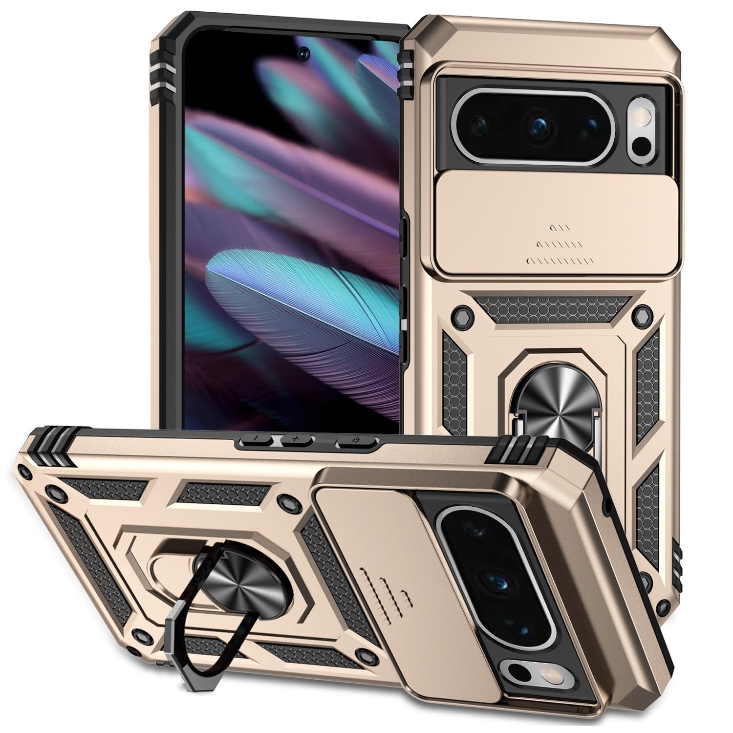 Google Pixel 8 Pro Case - Anti-Scratch Full Body Hard Slim Protective Phone Cover with Magnetic Rotate Holder & Lens Protection | Gold Color | Perfect for Work, Travel & Outdoor Activities