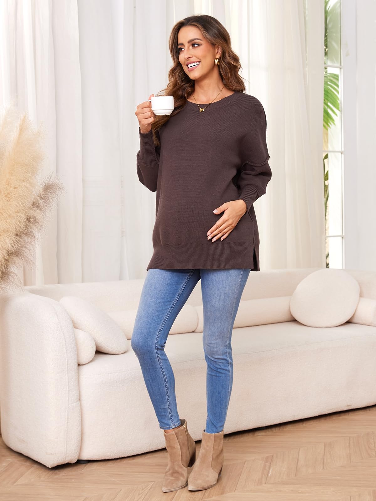 Liu & Qu Women's Maternity Oversized Sweaters - Fall Long Sleeve Batwing Pullover Tops for Pregnancy | Comfortable Crewneck T-Shirts for Expecting Moms | Perfect for Casual Wear, Office & Maternity Photos