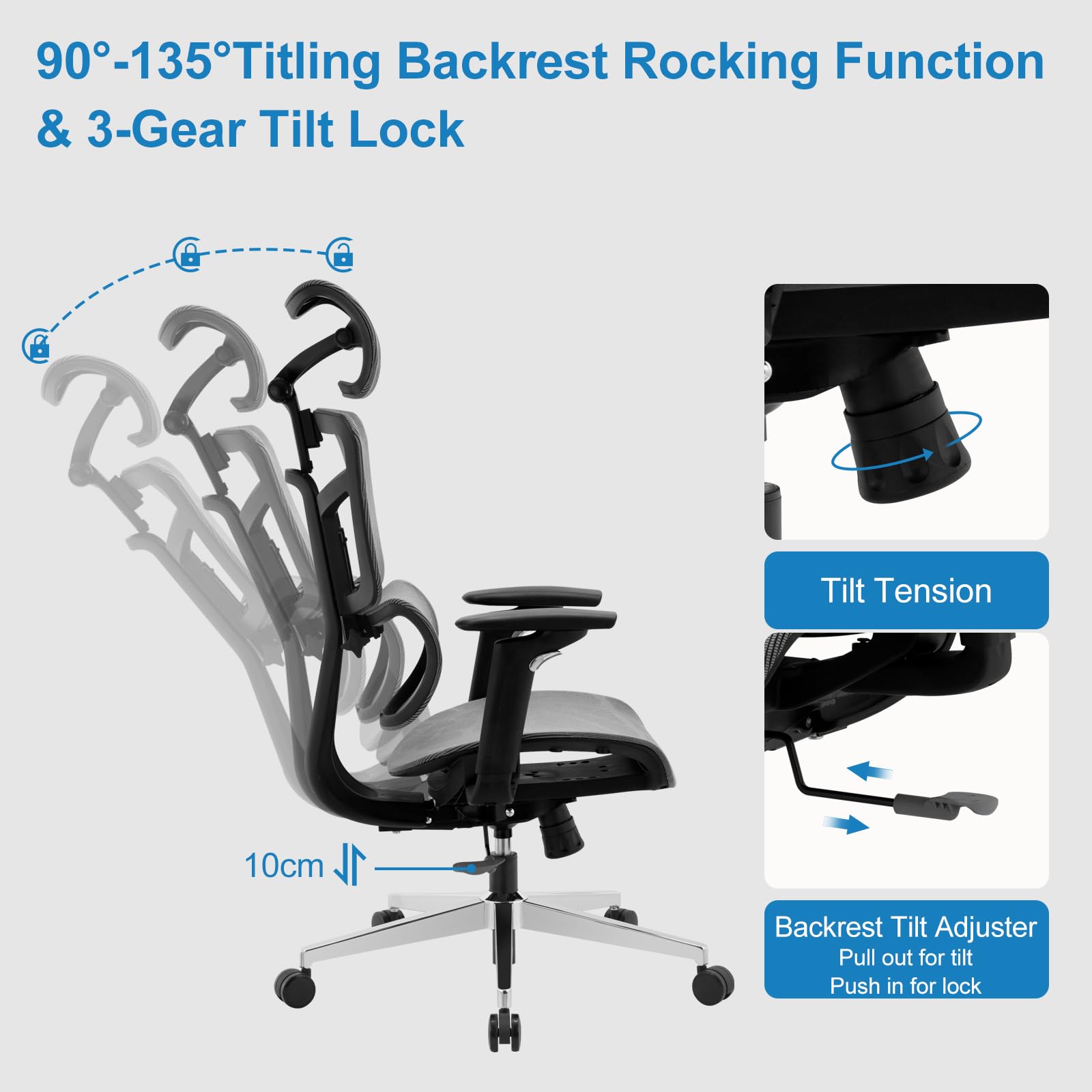 Ergonomic Office Chair - High Back Mesh Computer Chair with Lumbar Support & Headrest - Adjustable 5D Armrests & Height - Big & Tall Executive Desk Chair for Home Office, Study, Conference & Gaming - Perfect for Long Work Hours & Comfortable Workspaces