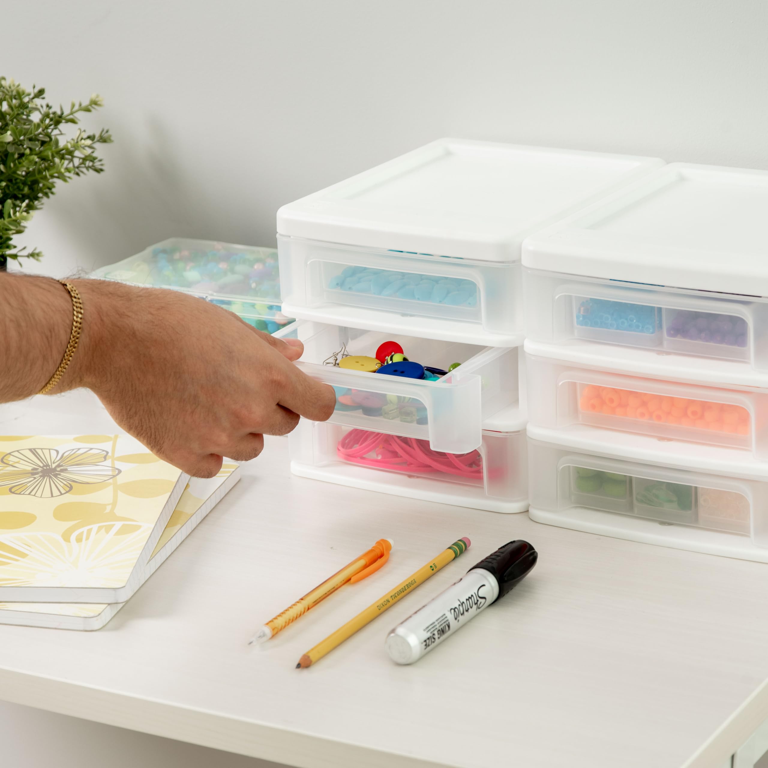 IRIS USA Plastic Stacking Desk Top 3-Drawer Storage Organizer, 2-Pack - White Small Drawers for Vanity, Bathroom, Office, Craft & Kitchen Organization - Perfect for Nail Polish, Stationery, Art Supplies & Small Items Storage