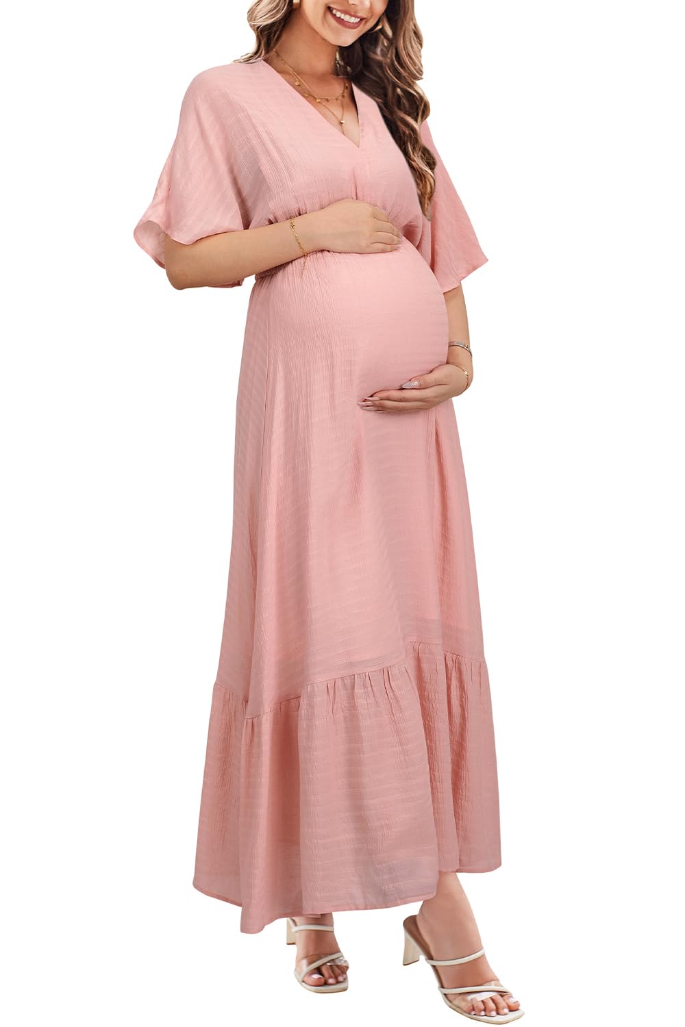STYLEWORD Women's 2025 Summer Maternity Dress - Short Sleeve V-Neck Tiered Boho Maxi Dress with Flowy Design for Pregnancy Comfort | Perfect for Beach Vacation, Baby Shower & Casual Outings