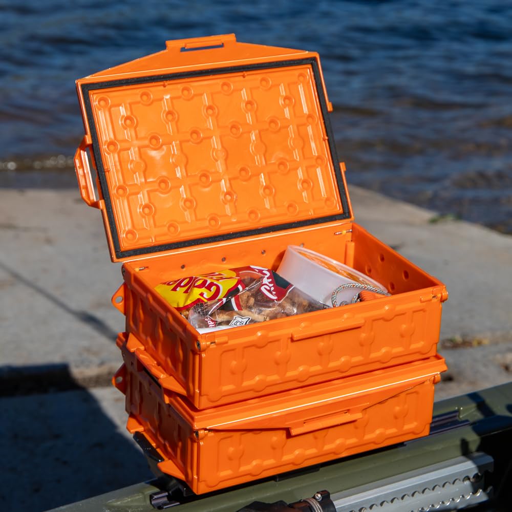 YakAttack TracPak Combo Kit - 2-Piece Stackable Fishing Gear Storage Box with Track Mount Base (Orange, SSO-1002-OR) | Waterproof Kayak & Boat Fishing Accessories for Rod Holders & Tackle Organization