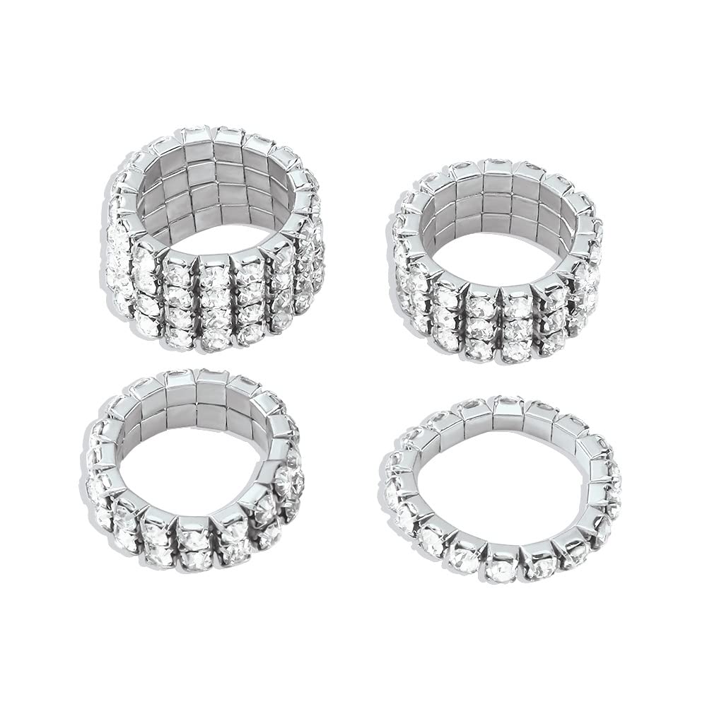 4pcs Silver Rhinestone Rings Set - Fashion Elastic Crystal Stretch Rings for Women - Sparkling Party & Evening Accessories - Perfect for Weddings, Prom, Date Night & Special Occasions