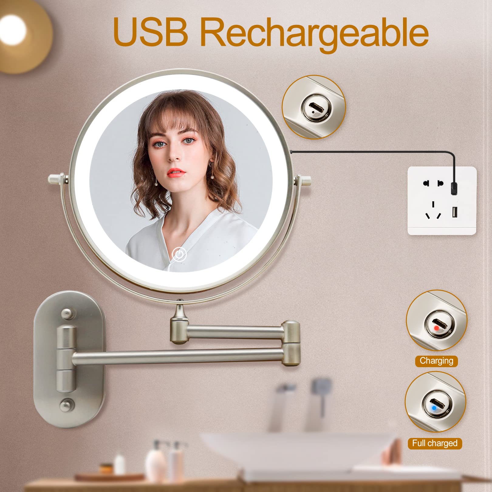 FASCINATE 8'' Rechargeable LED Makeup Mirror - Wall Mounted & Extendable Vanity Mirror with 1X/10X Magnification, 3 Color Lighting Modes & Touch Dimming - Perfect for Bathroom, Bedroom & Dressing Room Makeup Application