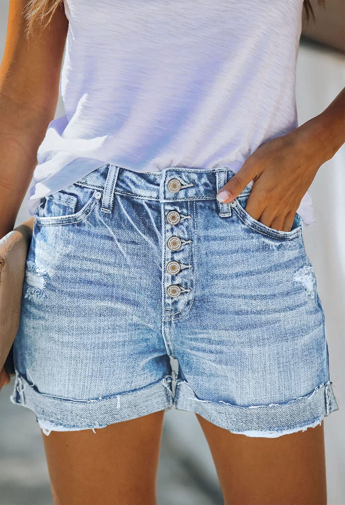 Women's High Waisted Denim Shorts - Ripped Hem & Distressed Frayed Jeans for Summer | Casual Streetwear, Beach Outfits & Music Festival Fashion