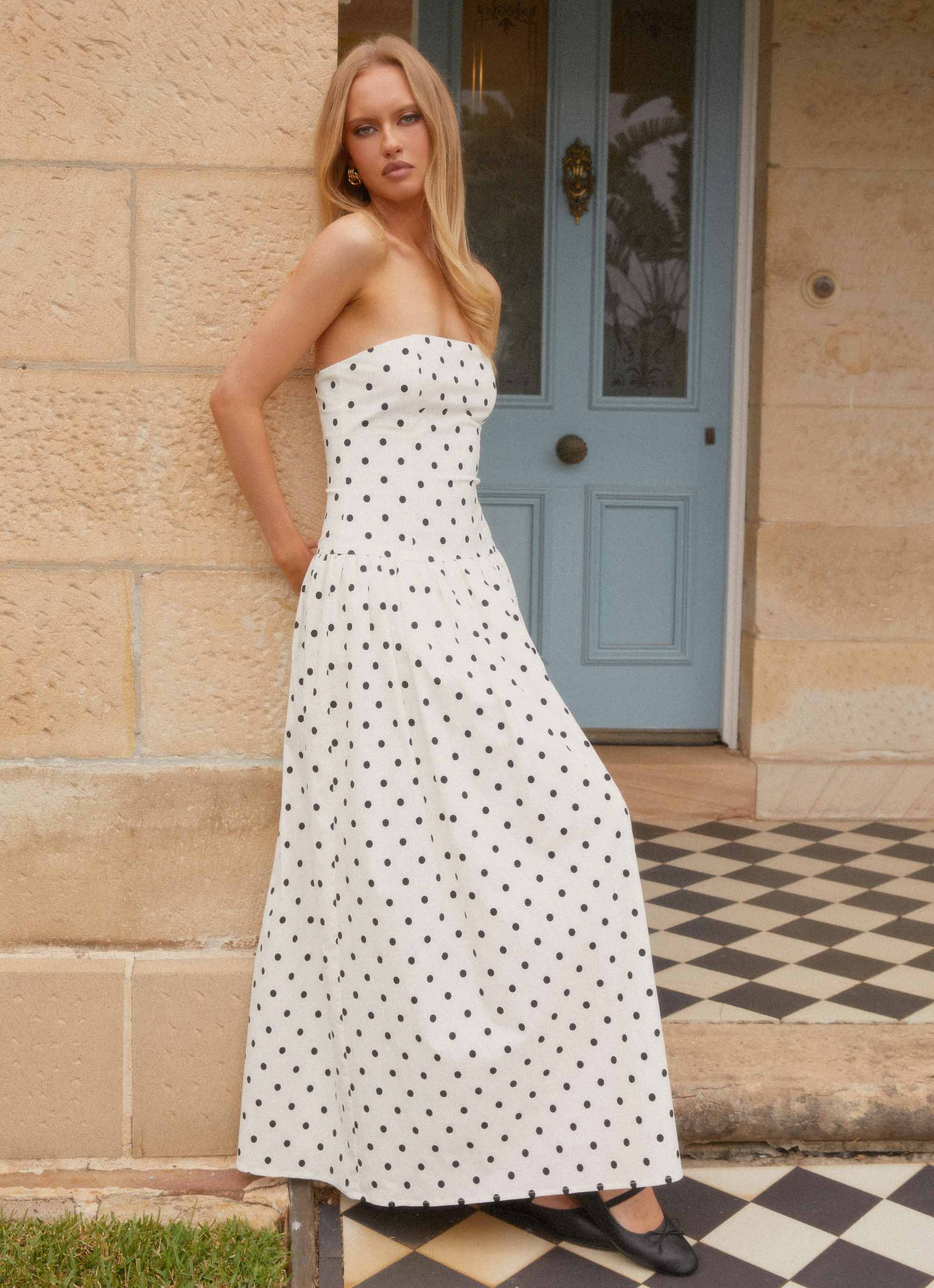 Andorra Maxi Dress - White Polkadot Summer Flowy Dress for Women | Beach Cover Up, Vacation Outfit, Boho Chic Style
