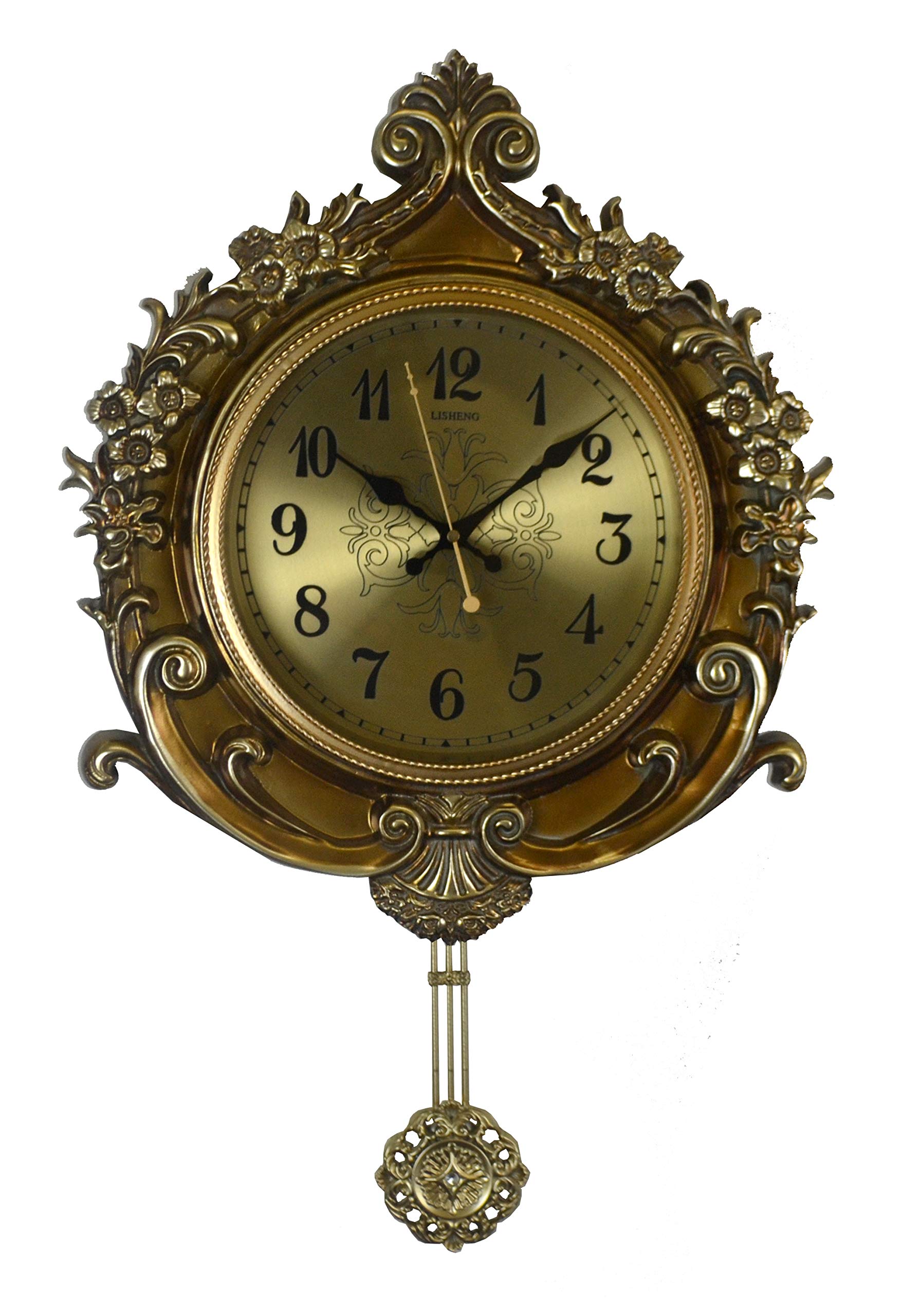 Victorian Baroque Swinging Pendulum Gold Wall Clock - Antique Style Decorative Clock for Living Room, Bedroom & Office Decor