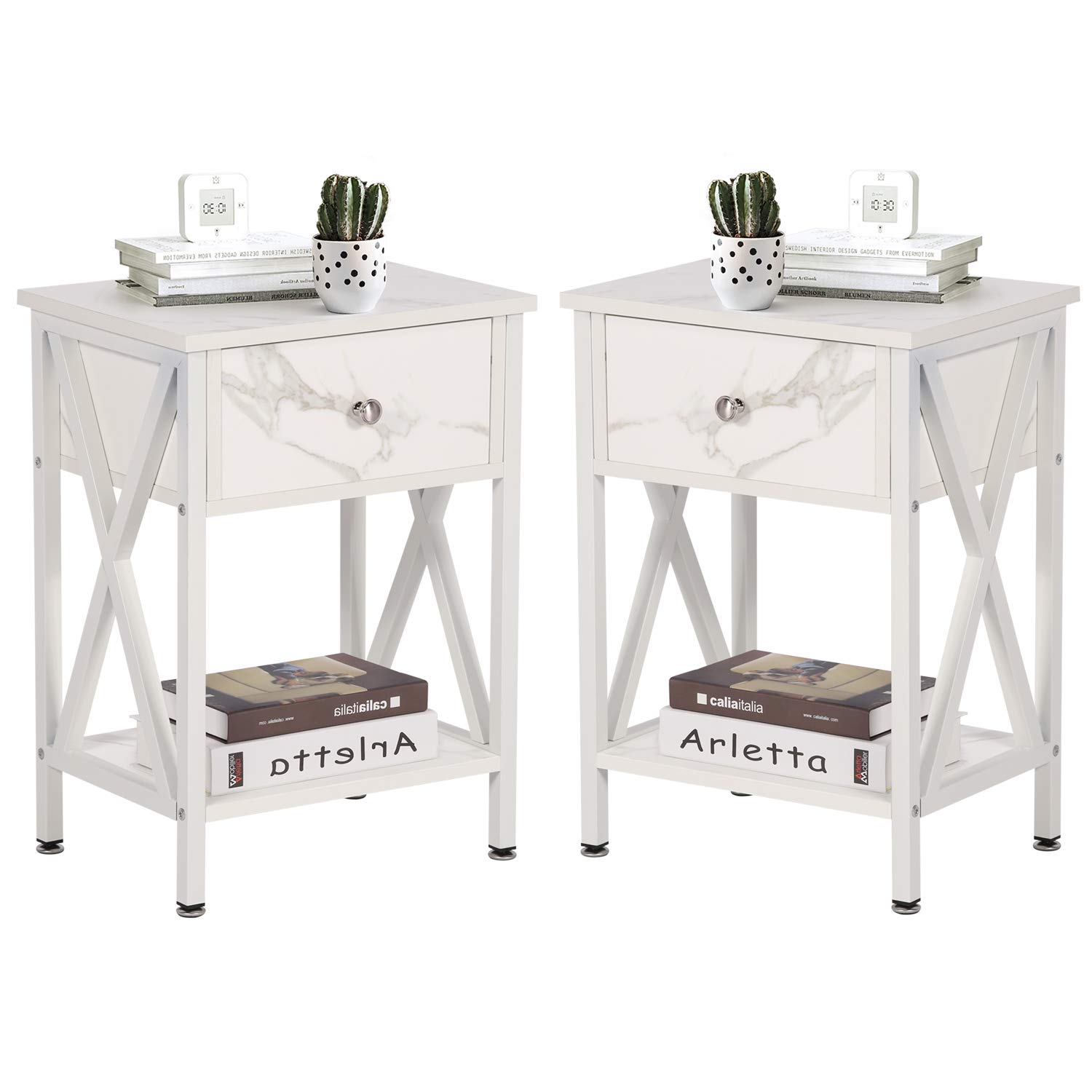 Modern Nightstand Set of 2 - X-Design Side Table with Storage Shelf & Bin Drawer, White Versatile End Table for Bedroom, Living Room, Dorm | Perfect for Storing Books, Lamps & Bedside Essentials