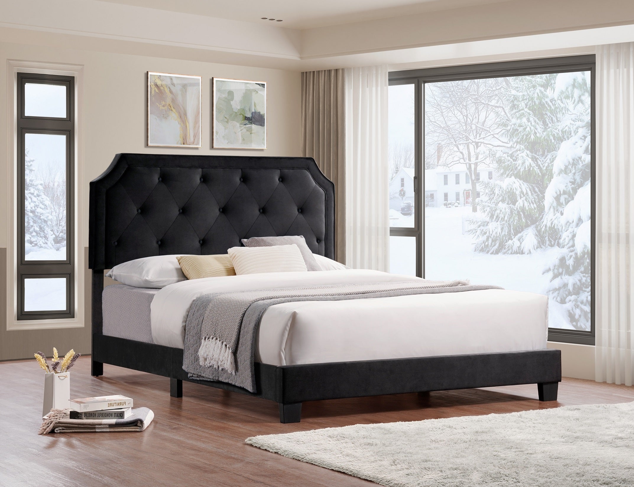 Black Velvet Elegance Platform Bed Frame - Queen Size, Modern Upholstered Bed with Wooden Slats - Perfect for Master Bedroom, Guest Room & Apartment Decor