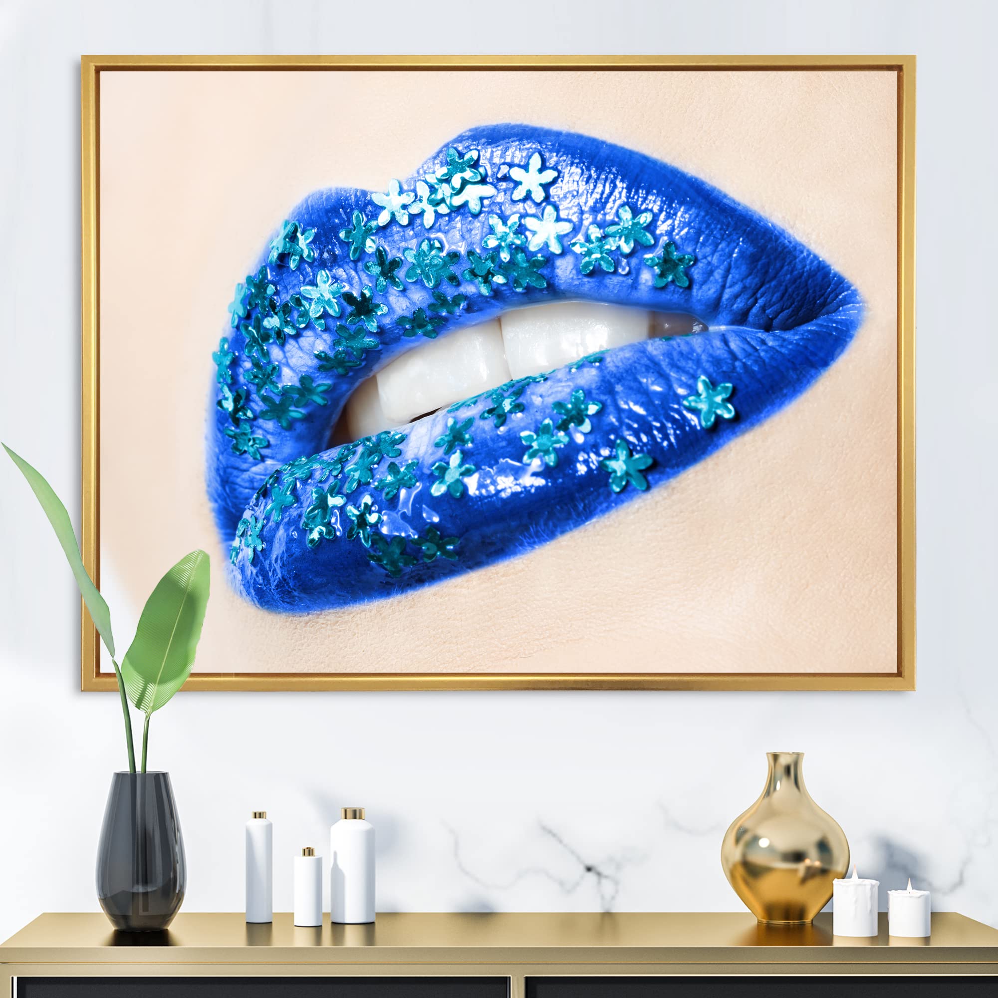 DesignQ Beautiful Female Lips Blue With Flowers - Modern Framed Canvas Wall Art Print for Living Room, Bedroom & Office Decor | Home Wall Decoration Gift Idea