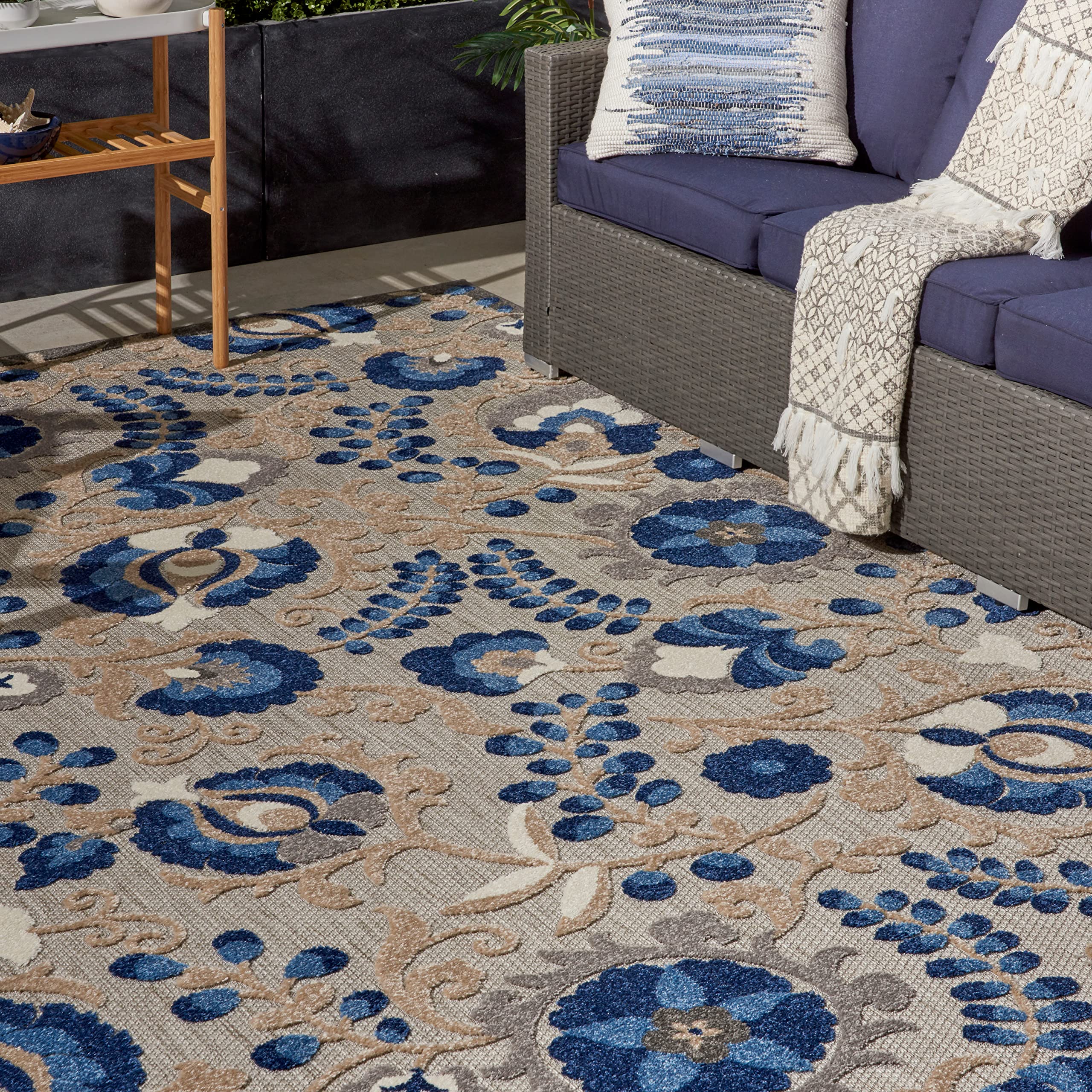 Nourison Aloha 7' x 10' Indoor Outdoor Area Rug - Natural Blue, Non-Shedding & Easy to Clean - Perfect for Bedroom, Living Room, Dining Room, Backyard, Deck & Patio