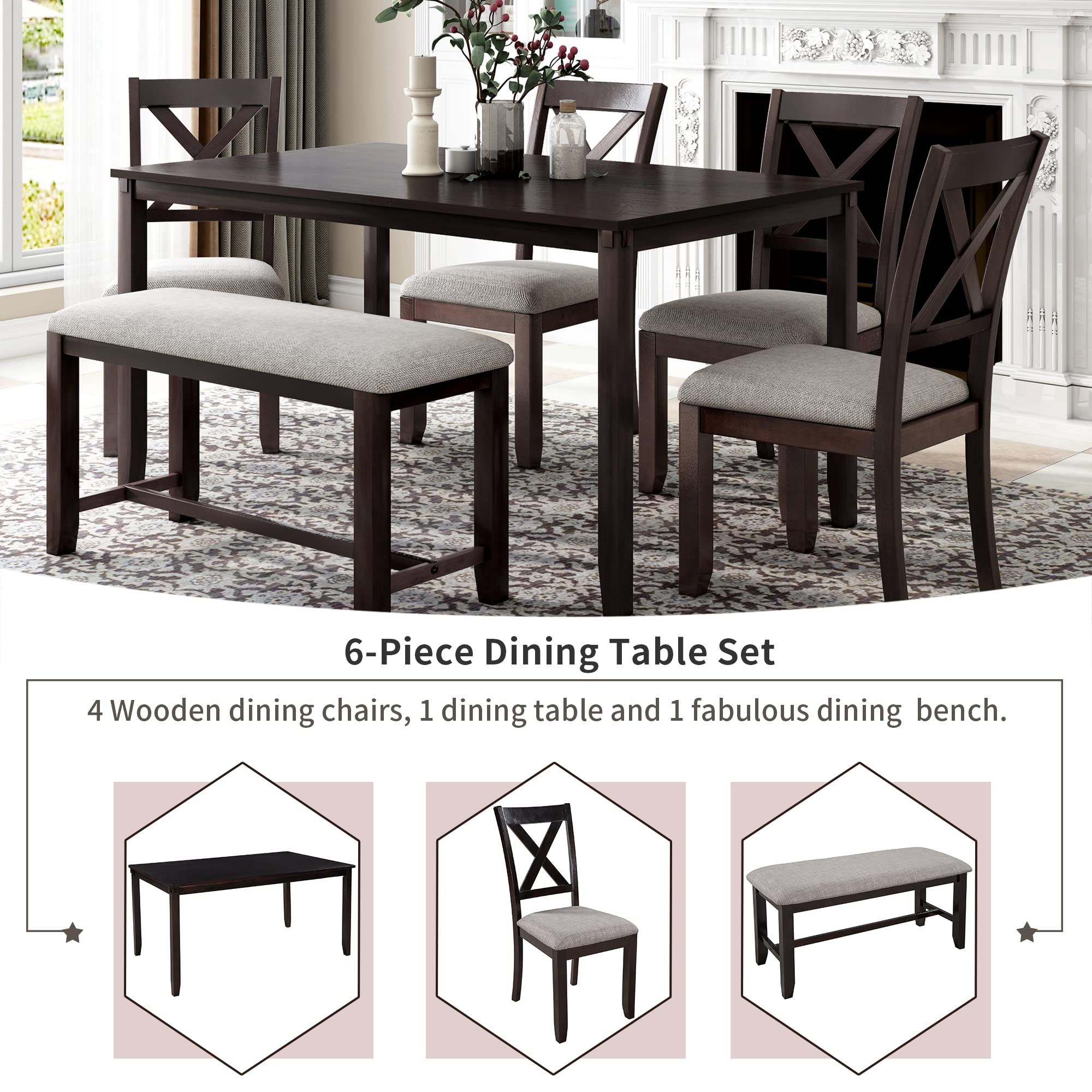 Harper & Bright Designs 6-Piece Wooden Dining Table Set with Bench - Rectangular Kitchen Table & Chairs for 6 - Espresso & Grey Home Furniture - Perfect for Family Dinners, Entertaining Guests & Small Space Dining Rooms