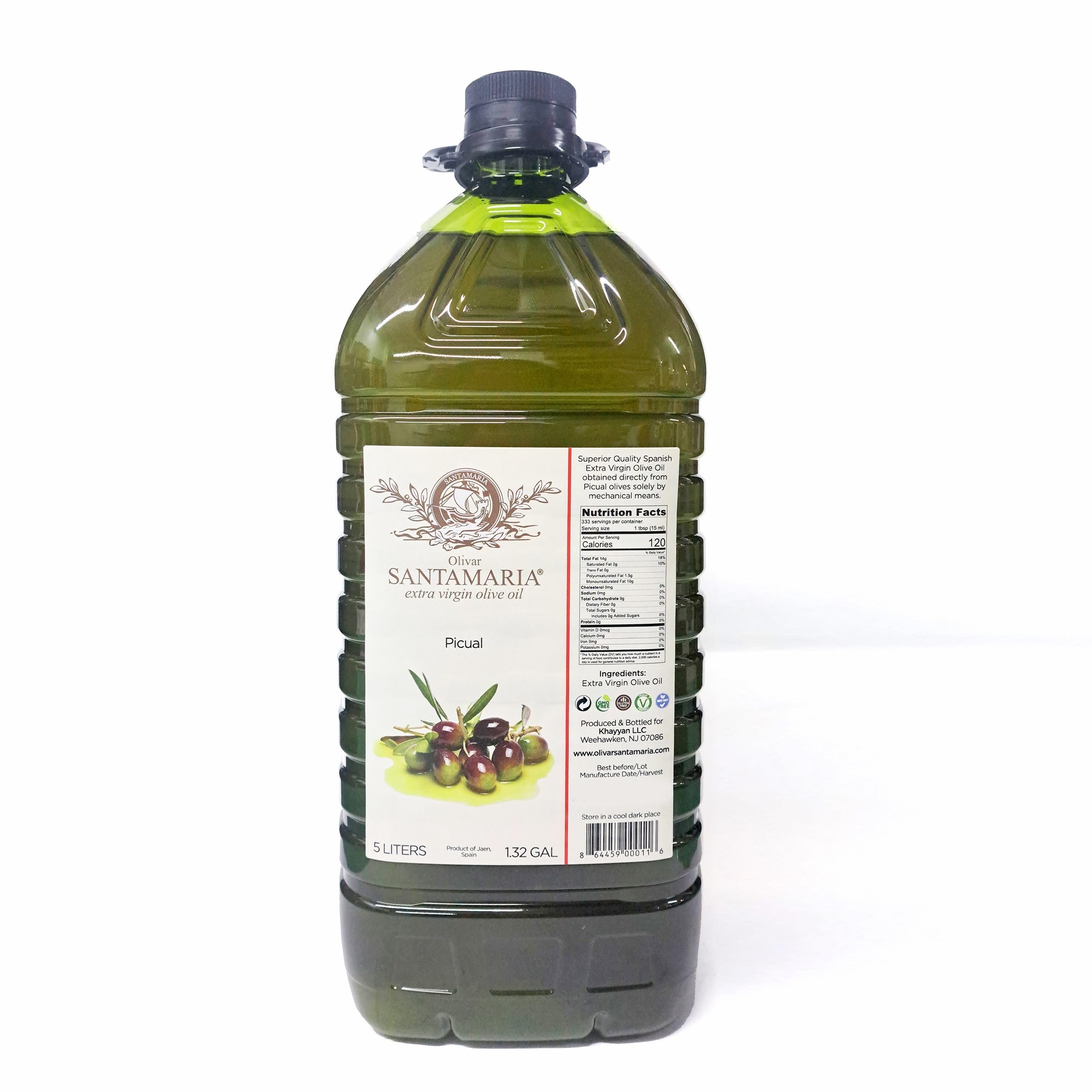 Olivar Santamaria Premium Extra Virgin Olive Oil - Cold Pressed Picual Variety from Spain - High Polyphenol Content (5 Liter/169.07 Fl Oz) - Ideal for Salad Dressings, Cooking, Frying, Marinades & Healthy Mediterranean Diet