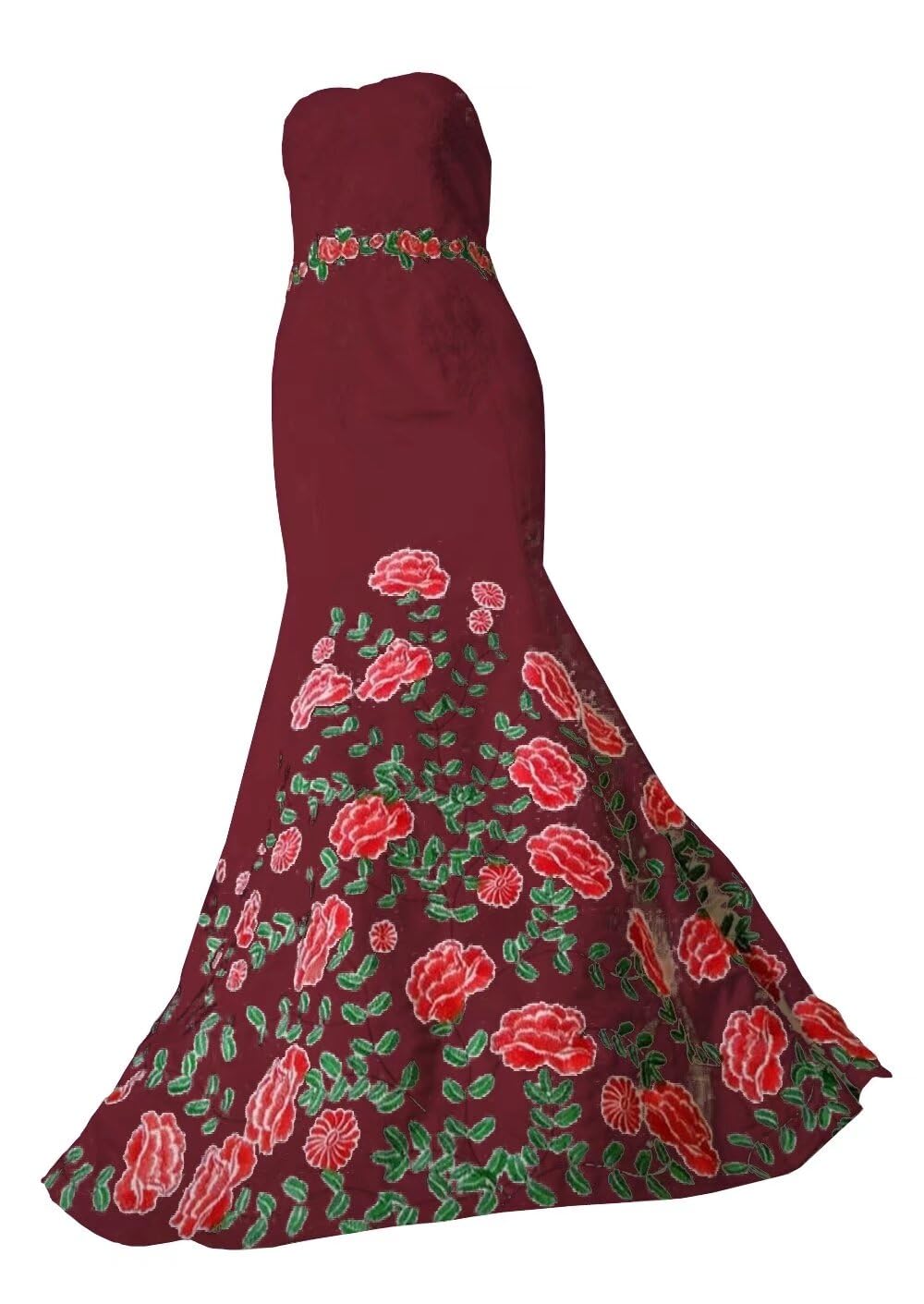 Elegant Strapless Lace Satin Mermaid Wedding Dress with Green & Red Embroidery - Formal Bridal Gown for Women 2025 - Perfect for Beach Weddings, Vow Renewals, and Red Carpet Events